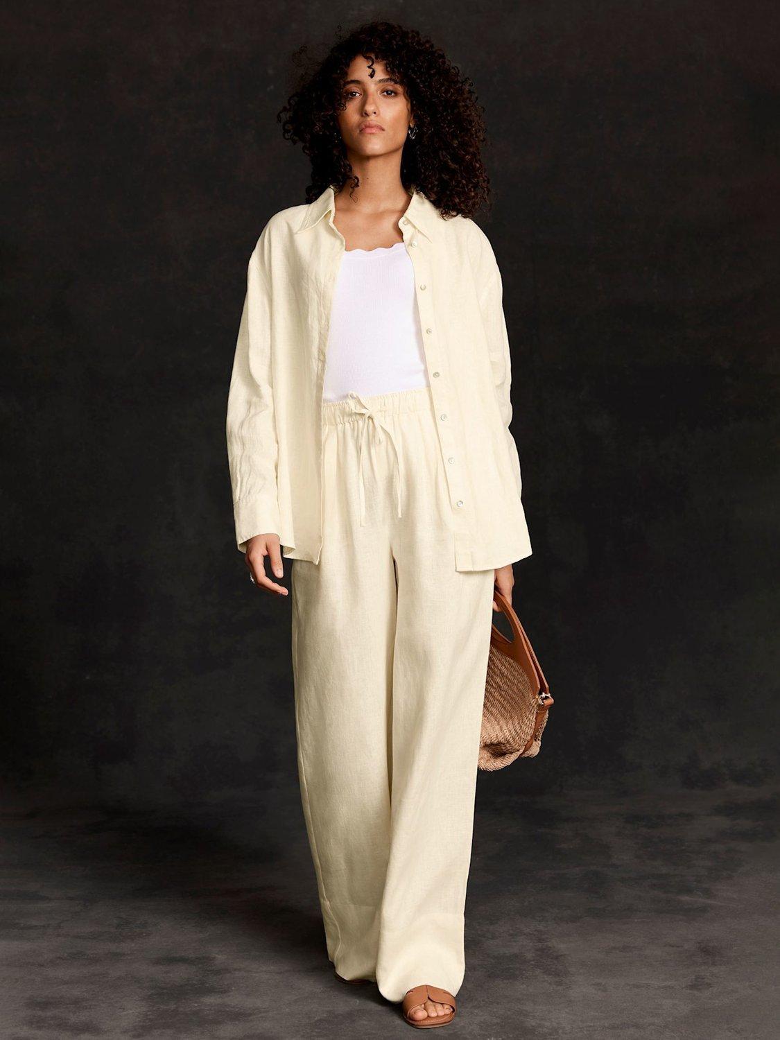 Product image 2 of 7, which shows Mint Velvet Linen Drawstring Wide Leg Trousers, Yellow, S Reg