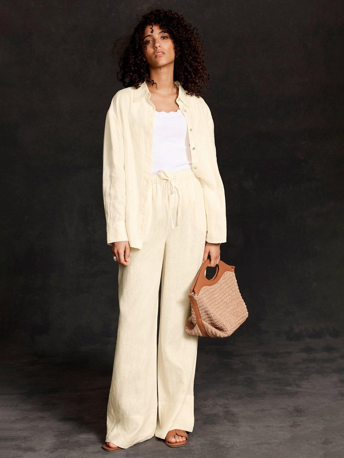 Product image 3 of 7, which shows Mint Velvet Linen Drawstring Wide Leg Trousers, Yellow, S Reg