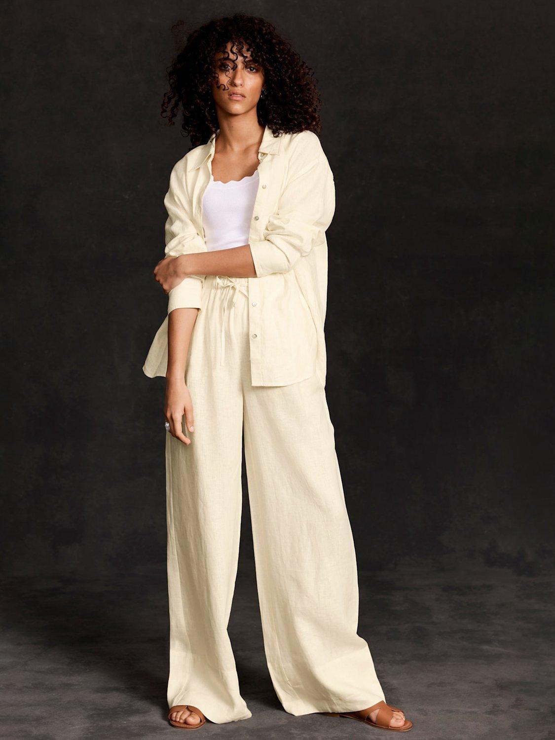 Product image 5 of 7, which shows Mint Velvet Linen Drawstring Wide Leg Trousers, Yellow, S Reg