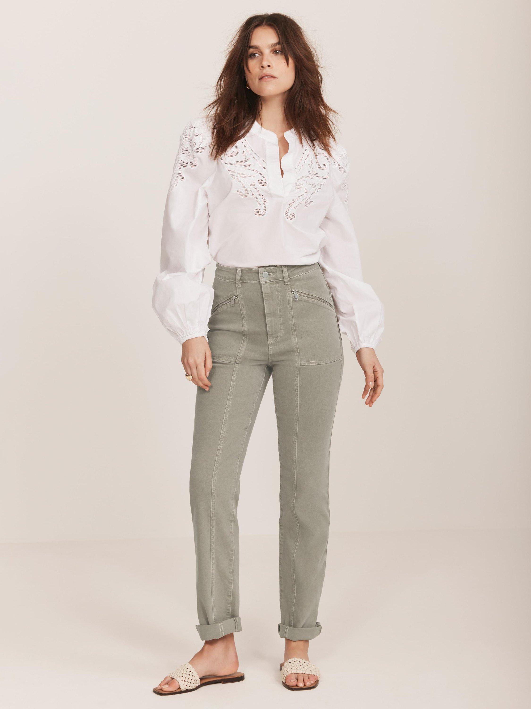 Product image 2 of 7, which shows Mint Velvet Slim Zip Pocket Jeans, Green Khaki, 8R