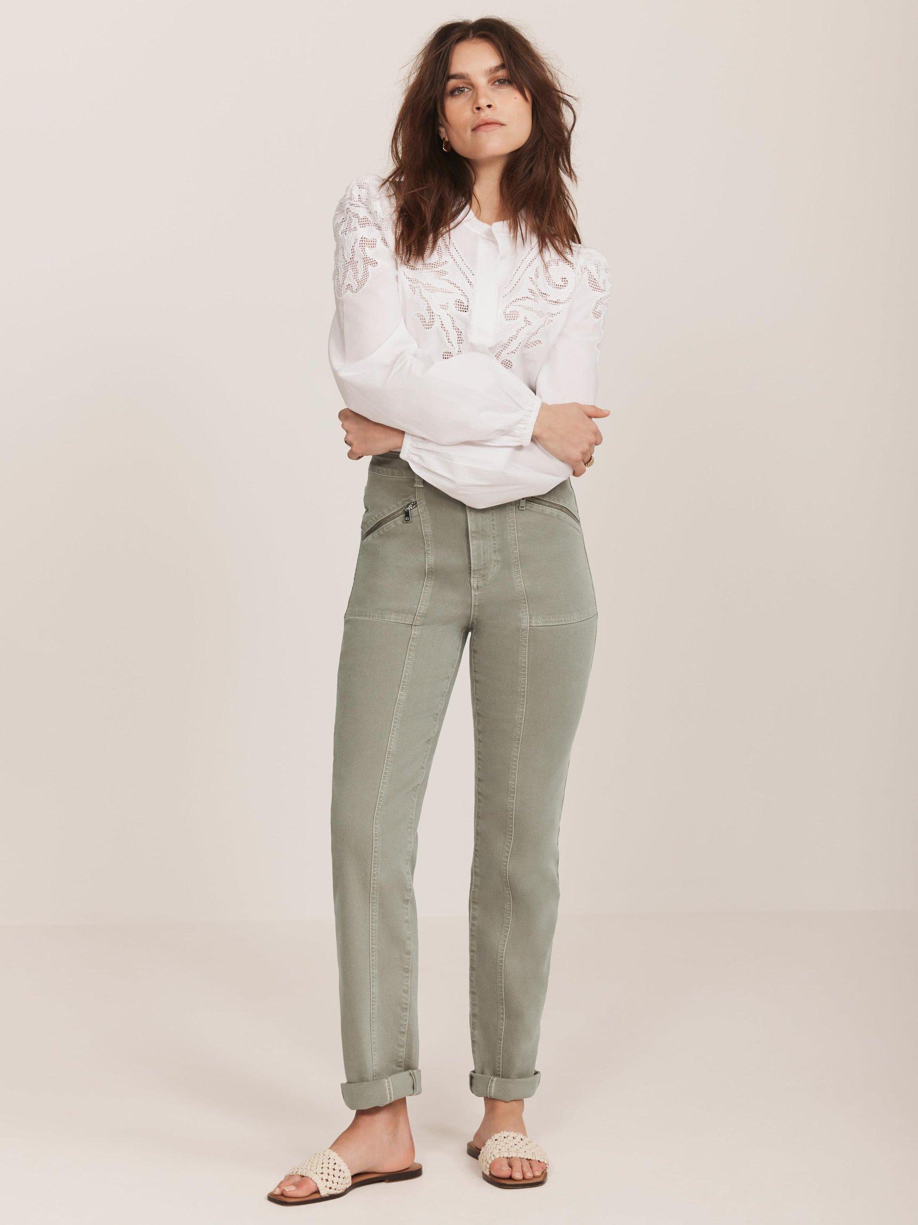 Product image 4 of 7, which shows Mint Velvet Slim Zip Pocket Jeans, Green Khaki, 8R