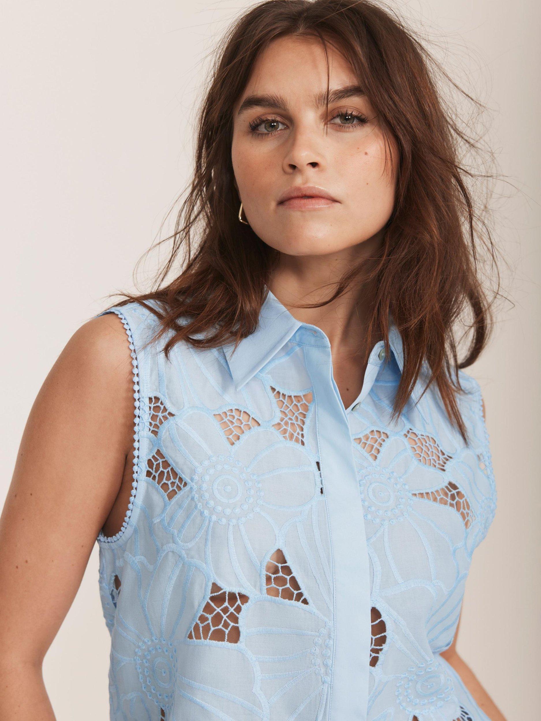 Product image 4 of 7, which shows Mint Velvet Floral Embroidered Sleeveless Shirt, Blue, XS