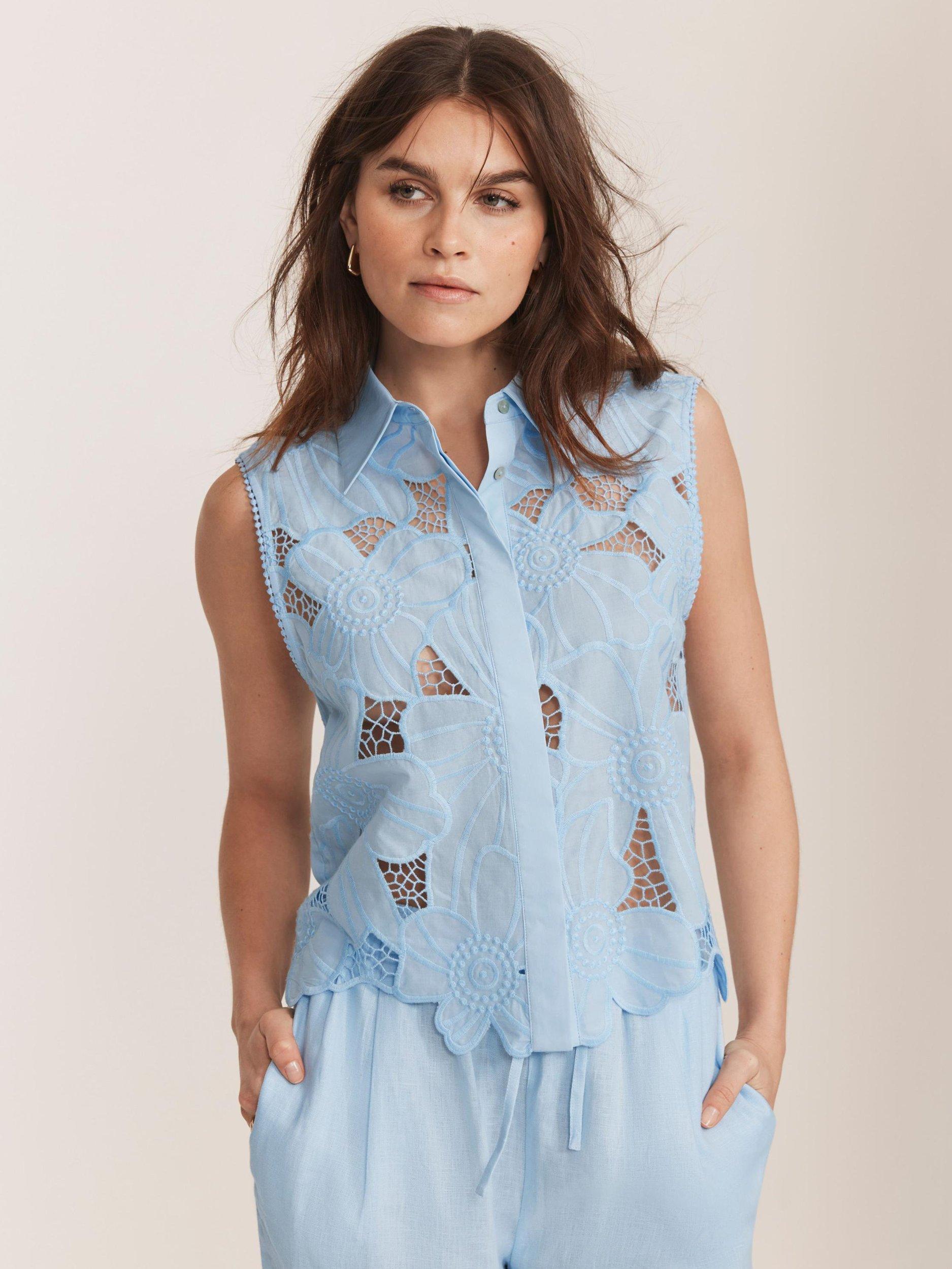 Product image 5 of 7, which shows Mint Velvet Floral Embroidered Sleeveless Shirt, Blue, XS
