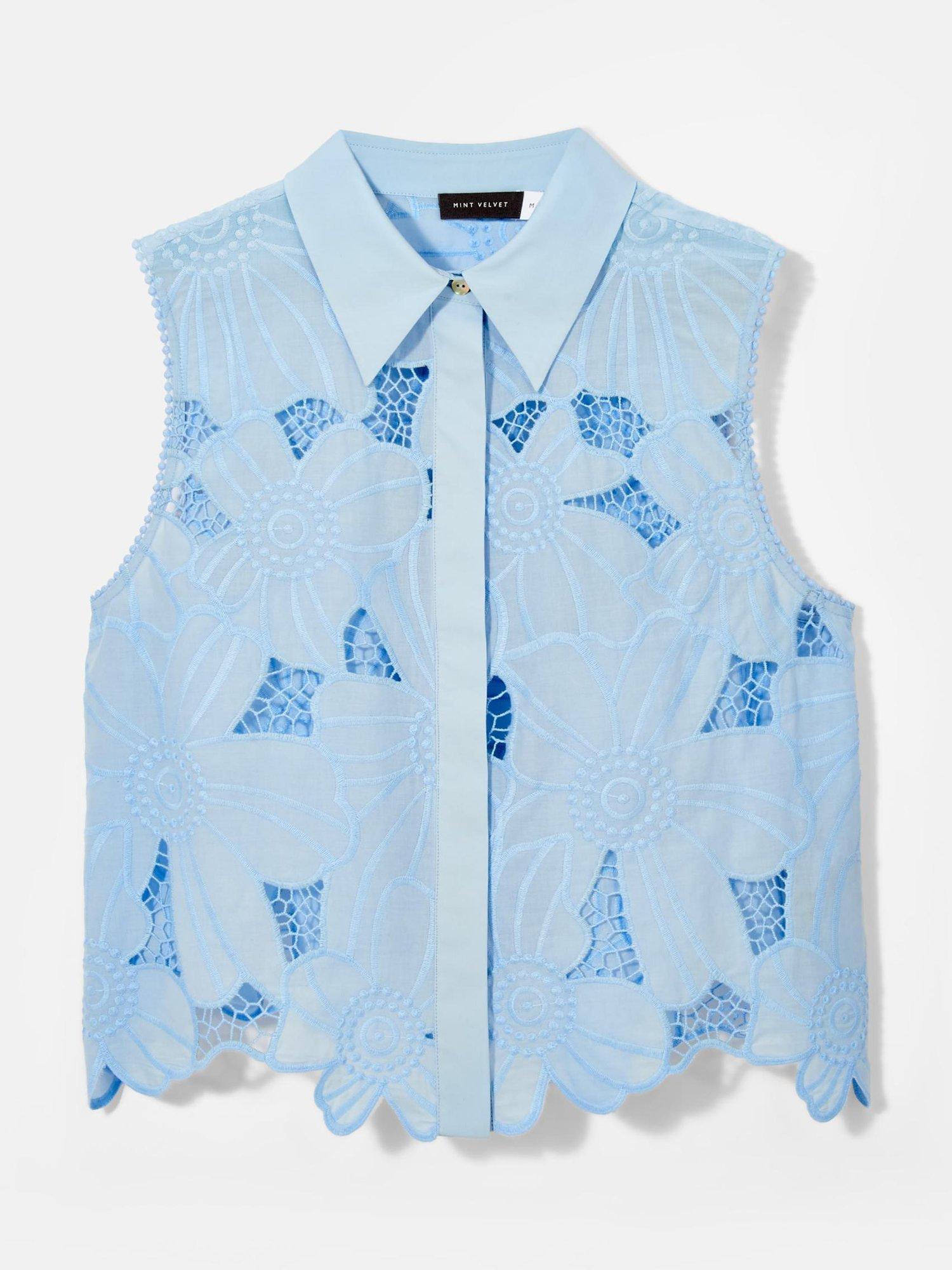 Product image 6 of 7, which shows Mint Velvet Floral Embroidered Sleeveless Shirt, Blue, XS
