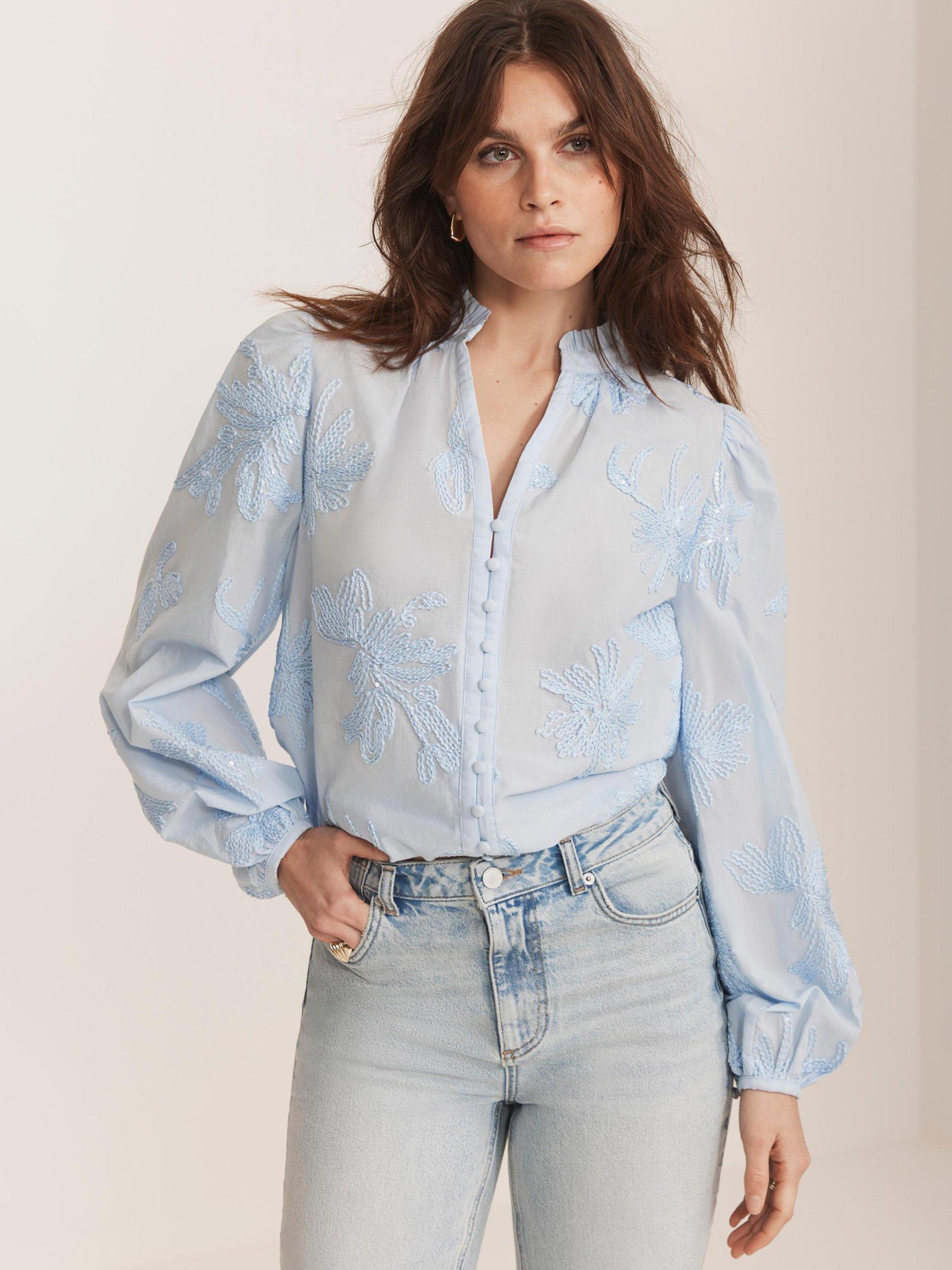 Product image 2 of 8, which shows Mint Velvet Floral Embroidered Blouse, Blue, XS