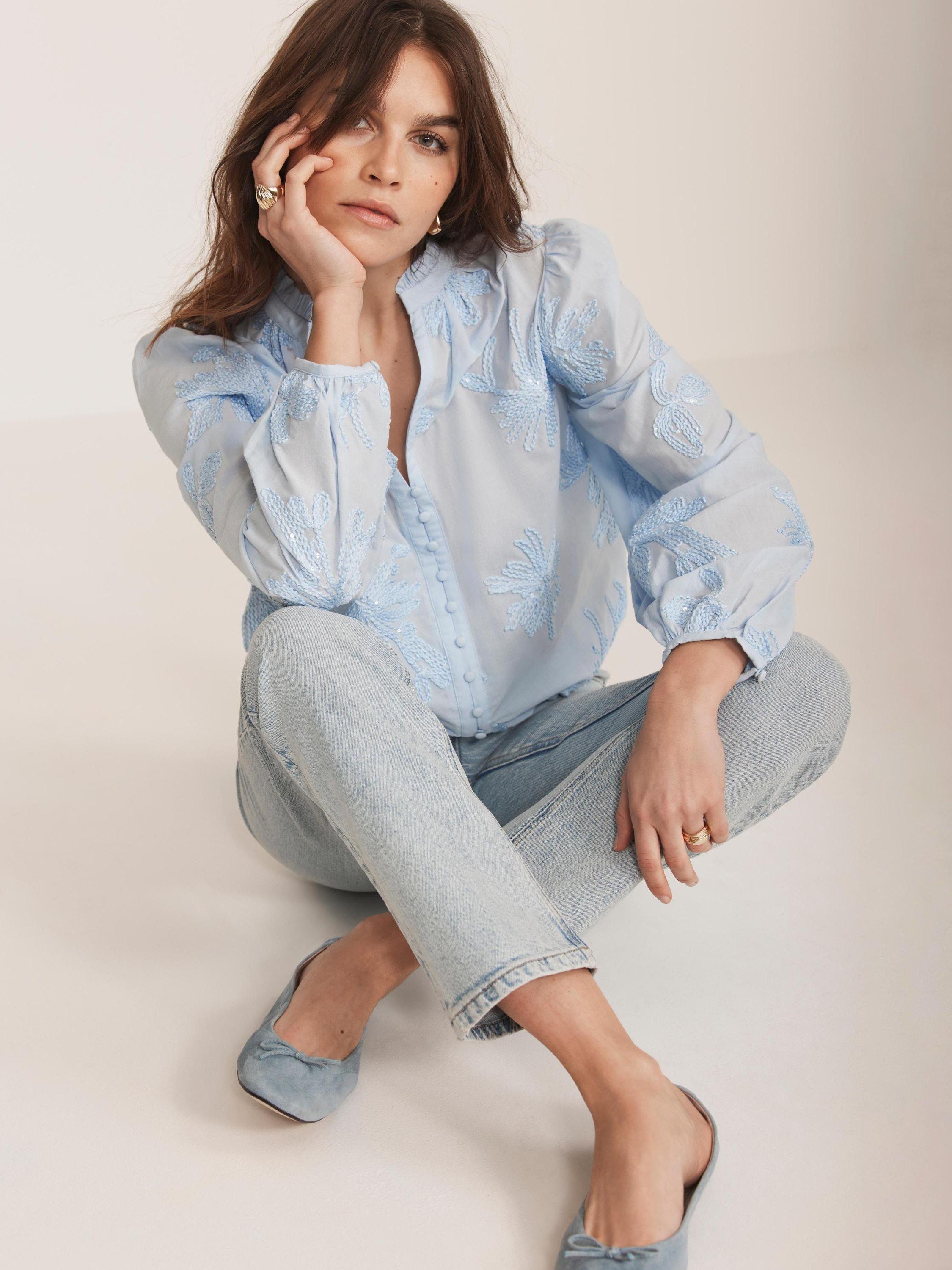 Product image 4 of 8, which shows Mint Velvet Floral Embroidered Blouse, Blue, XS