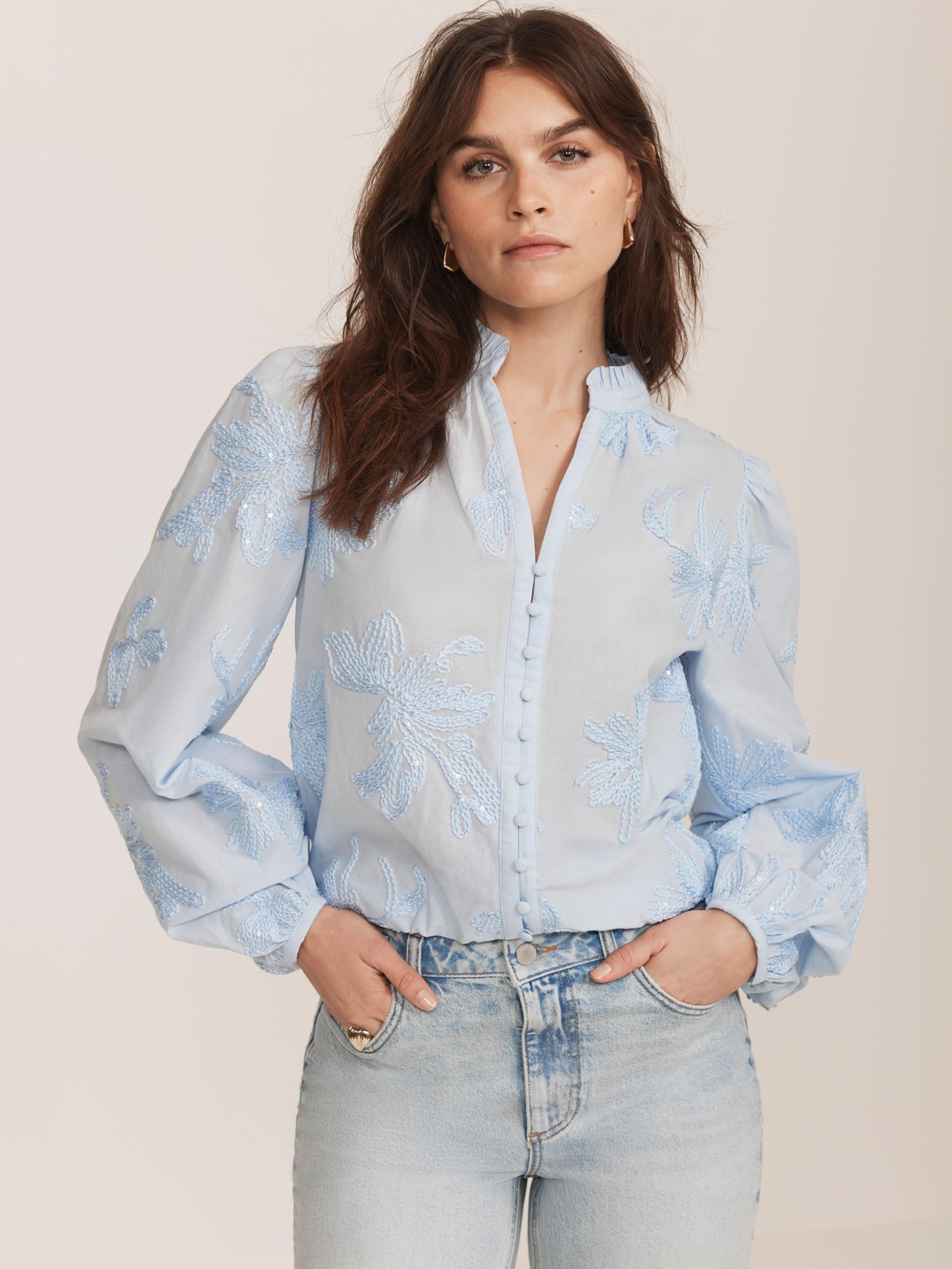 Product image 5 of 8, which shows Mint Velvet Floral Embroidered Blouse, Blue, XS