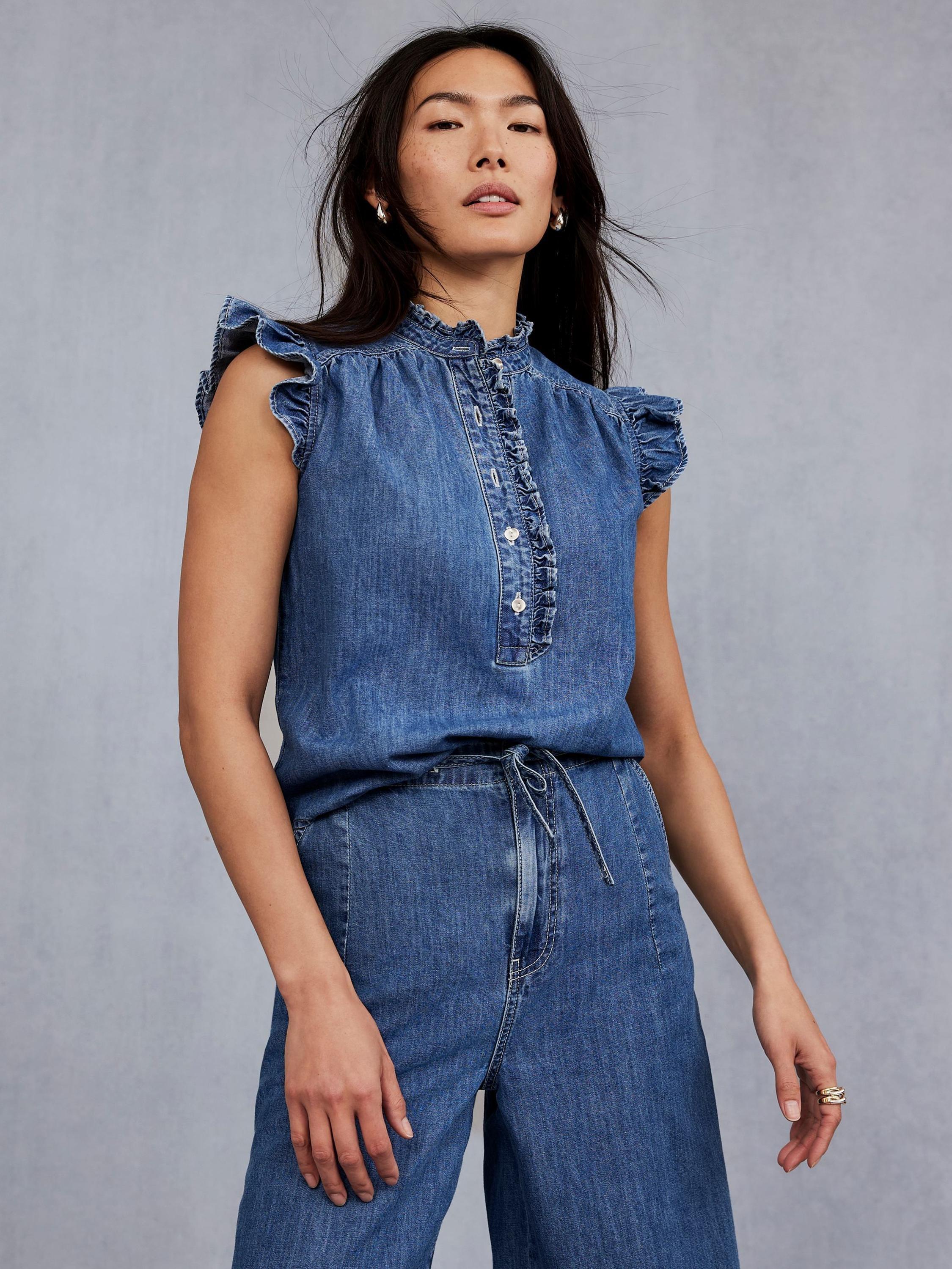 Product image 1 of 6, which shows Mint Velvet Denim Ruffle Blouse, Blue, XS