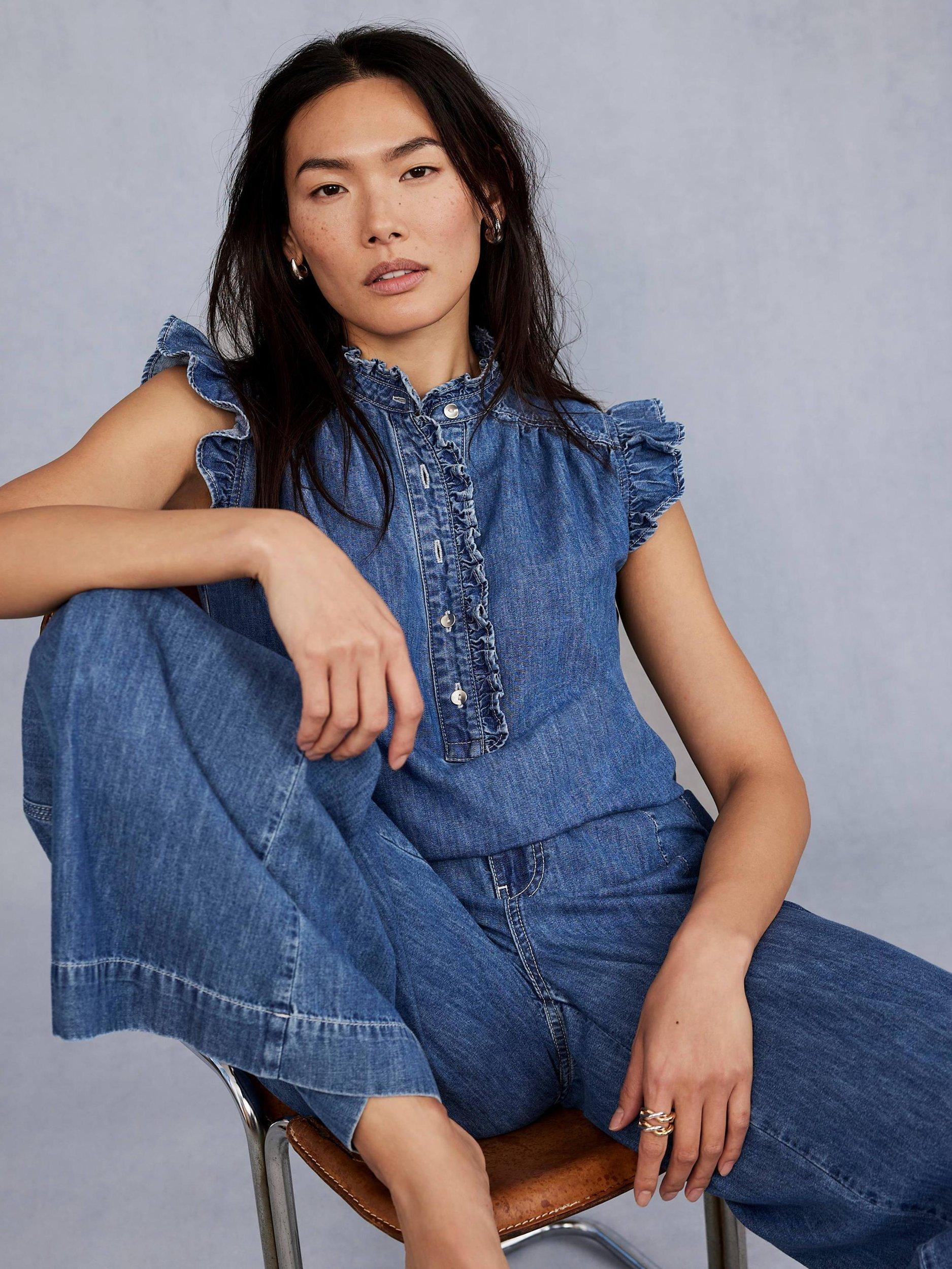 Product image 2 of 6, which shows Mint Velvet Denim Ruffle Blouse, Blue, XS
