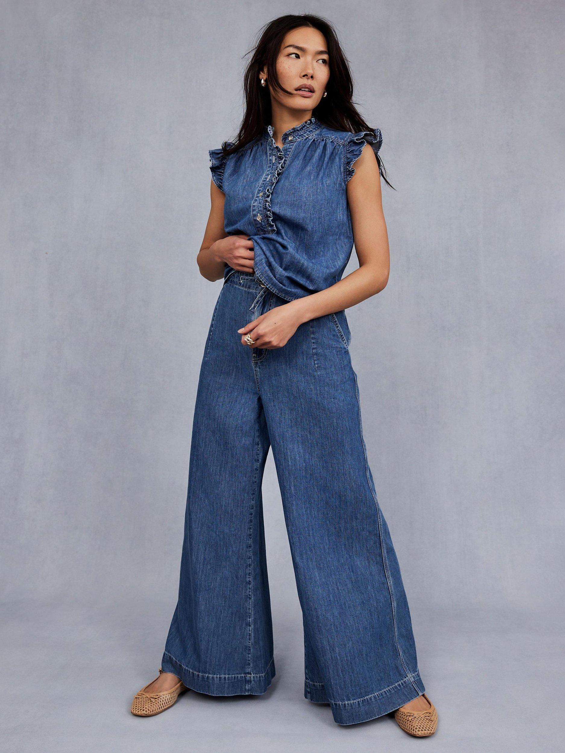 Product image 3 of 6, which shows Mint Velvet Denim Ruffle Blouse, Blue, XS