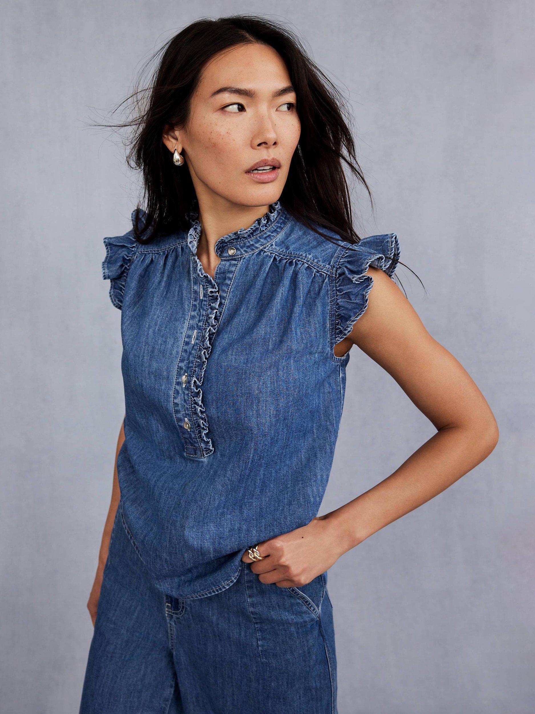 Product image 5 of 6, which shows Mint Velvet Denim Ruffle Blouse, Blue, XS