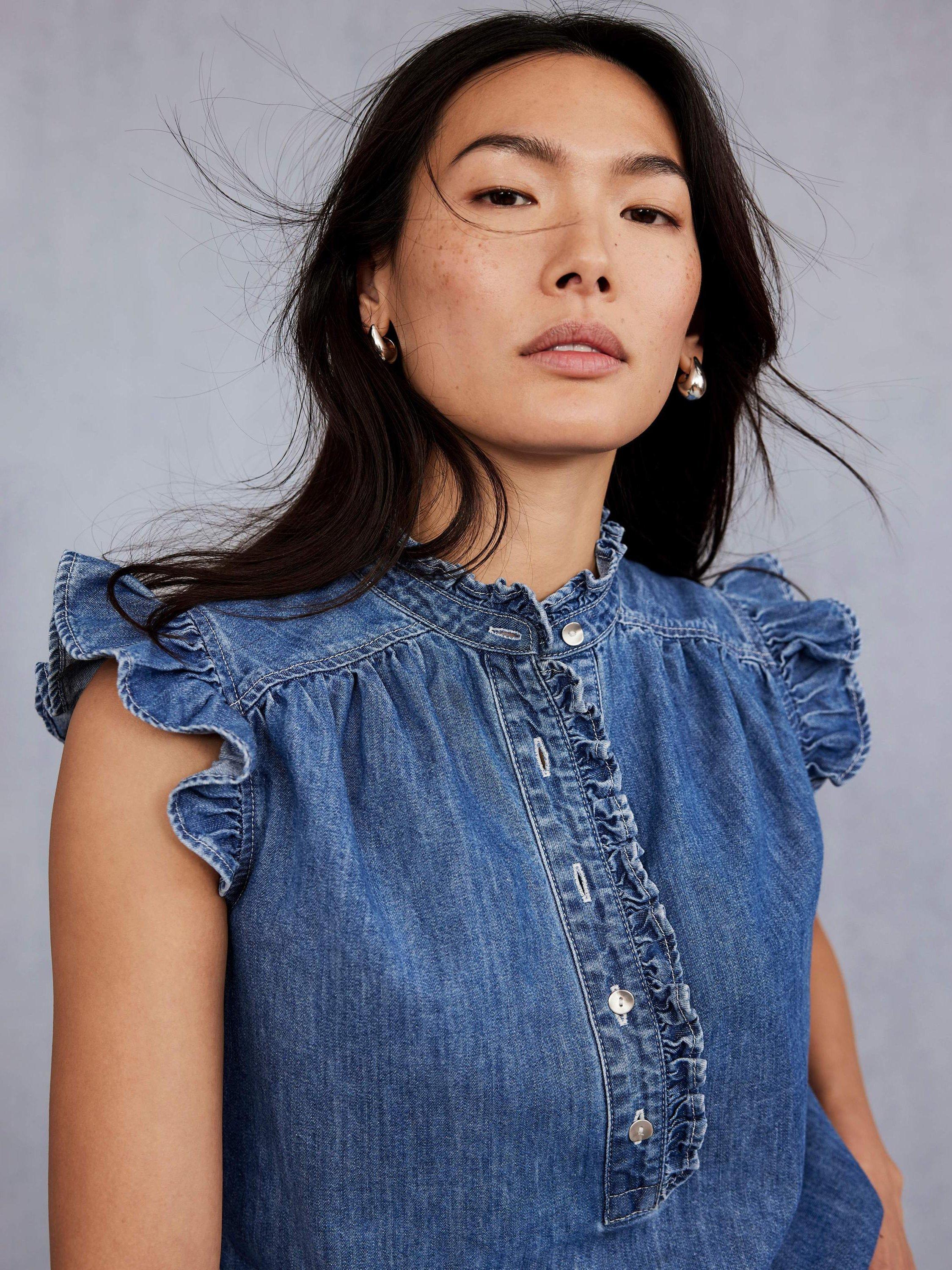 Product image 6 of 6, which shows Mint Velvet Denim Ruffle Blouse, Blue, XS