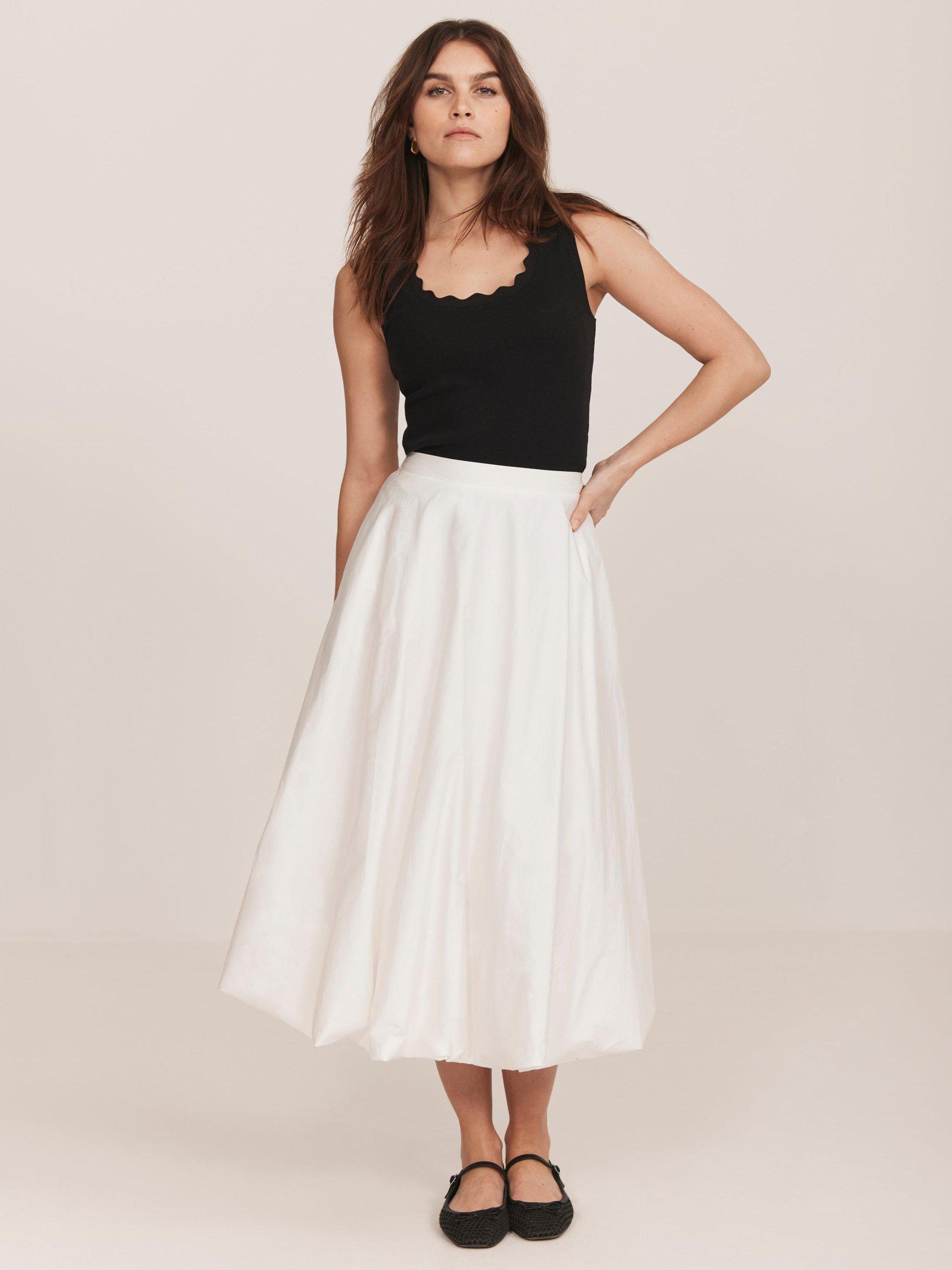 Product image 3 of 8, which shows Mint Velvet Bubble Hem Midi Skirt, White Ivory, S