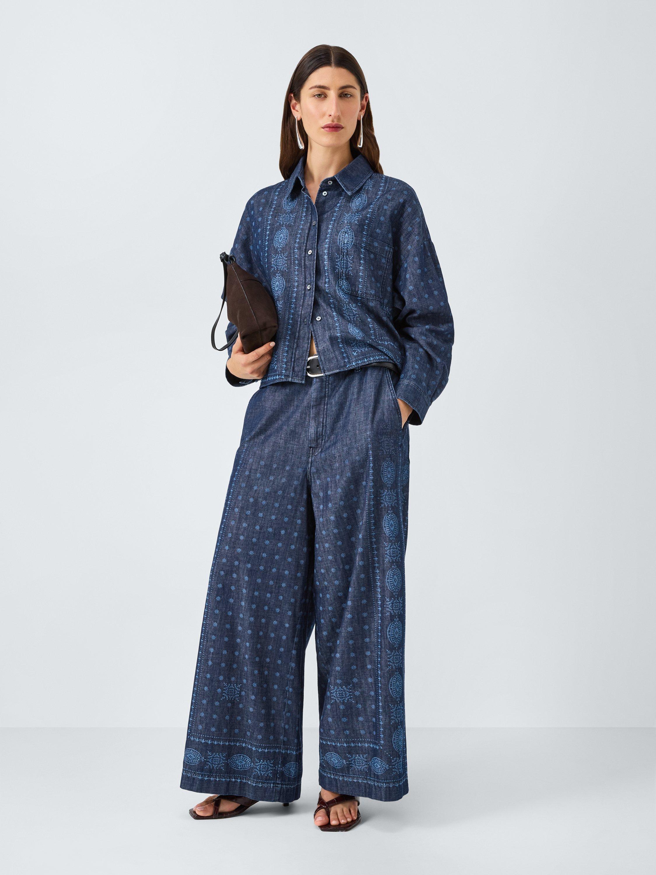 Product image 3 of 6, which shows Weekend MaxMara Micron Abstract Denim Trousers, Navy, 6