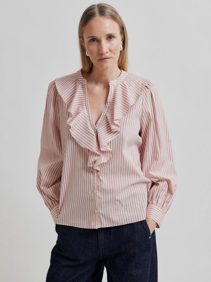 Second Female Becka Frill V-Neck Striped Cotton Shirt, Pink, Pink