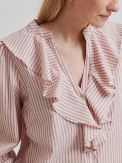 Second Female Becka Frill V-Neck Striped Cotton Shirt, Pink - view 2, Pink