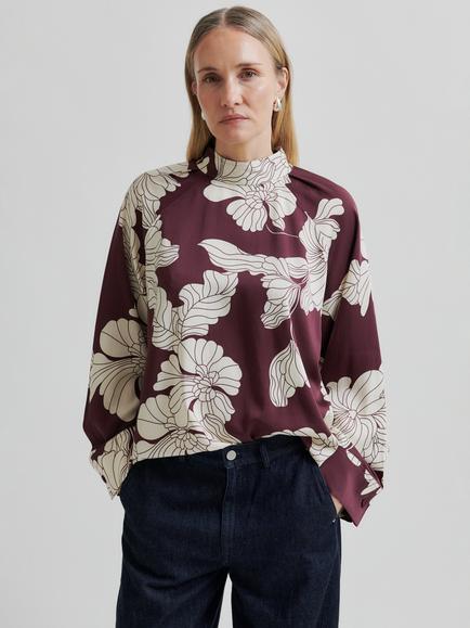 Second Female Elbie Floral High Neck Blouse, Burgundy/White, Burgundy/White