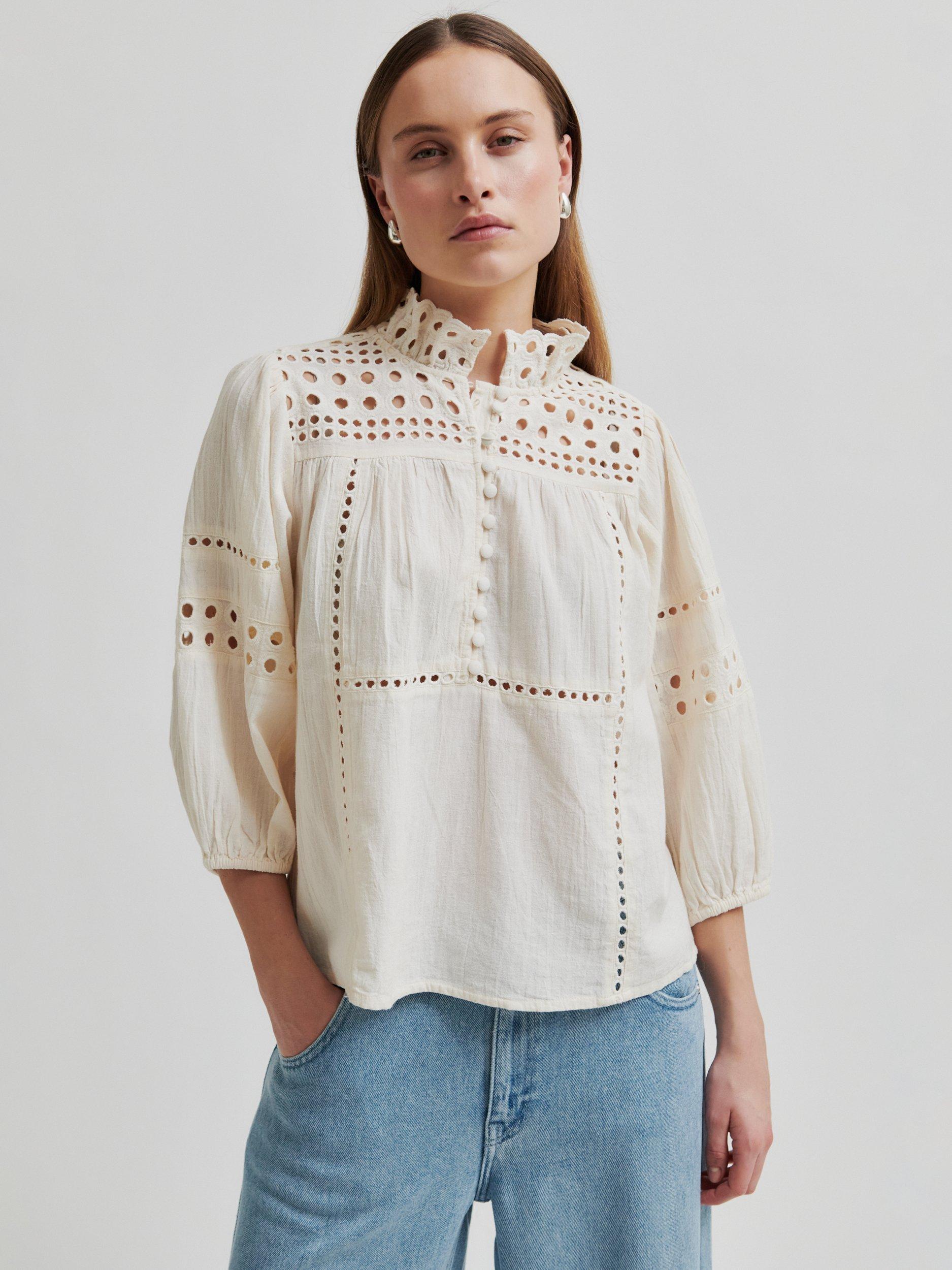 Product image 1 of 6, which shows Second Female Brunie Lace Detail Blouse, Ecru, XS