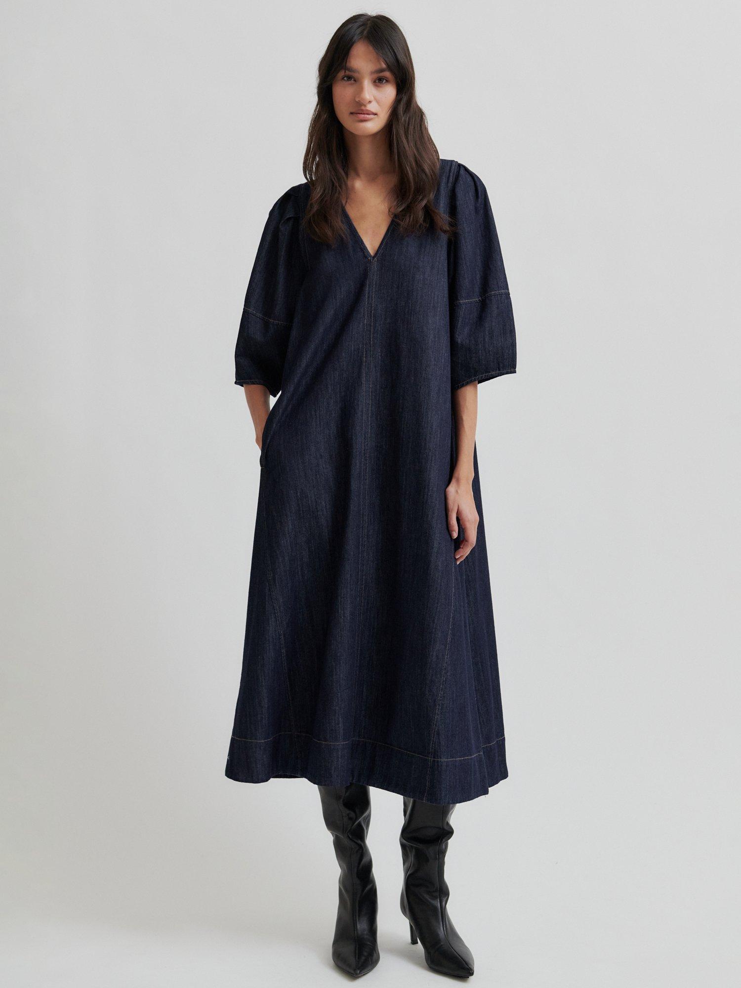 Product image 1 of 7, which shows Second Female Dera Denim Midi Dress, Dark Blue, XS