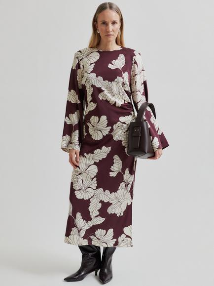 Second Female Elbie Floral Midi Dress, Burgundy/White, Burgundy/White