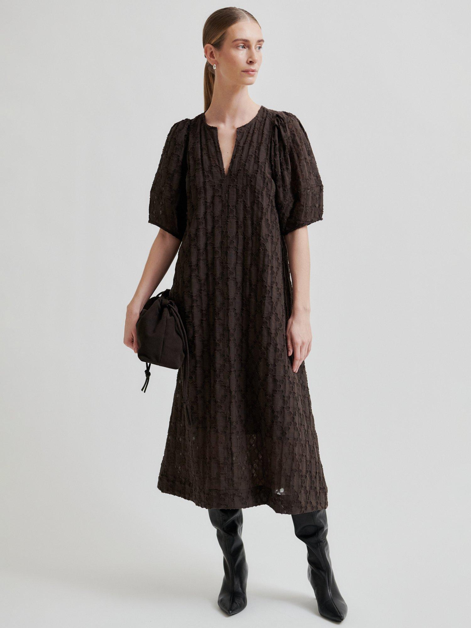 Product image 1 of 7, which shows Second Female Nela Burnout Midi Dress, Brown, XS
