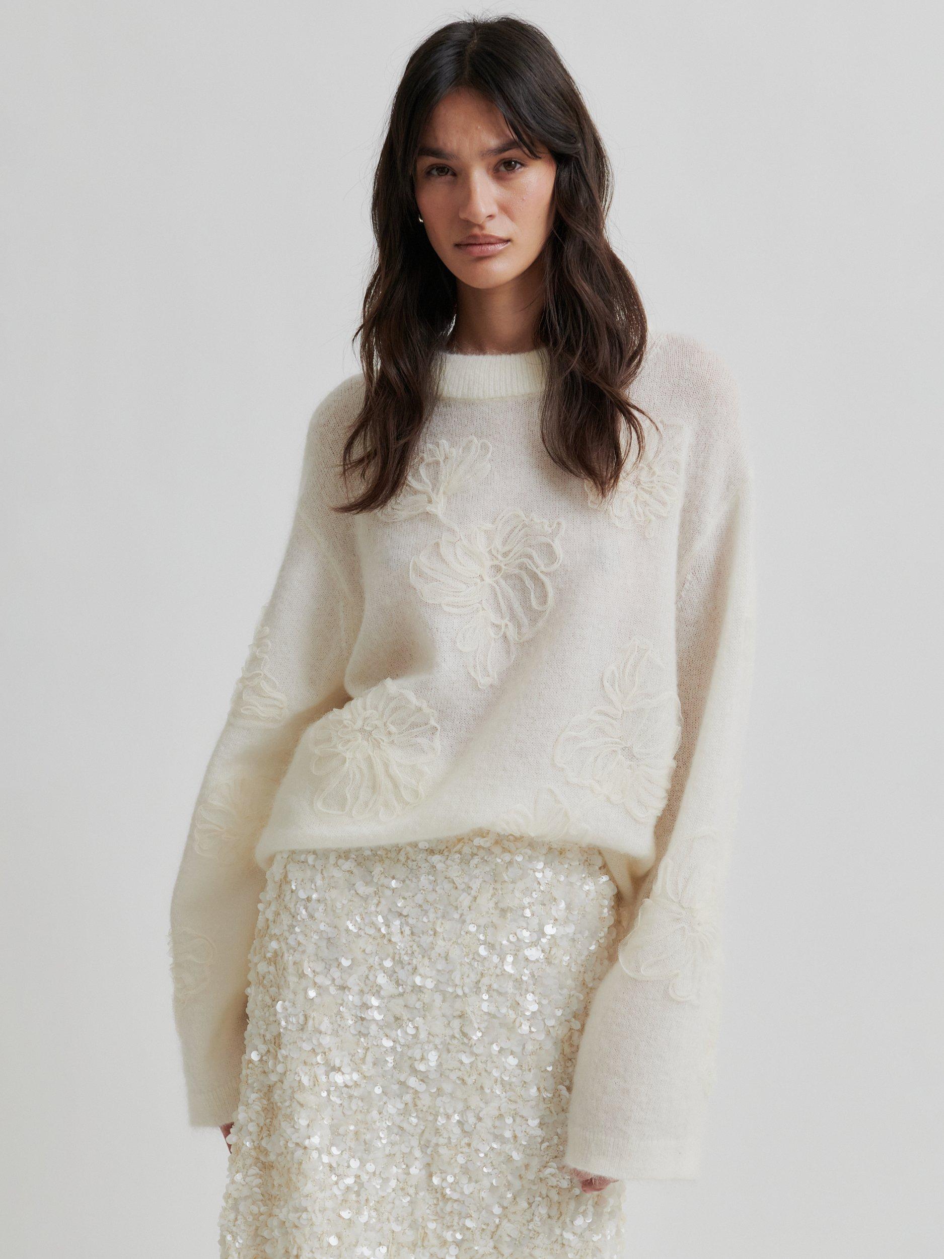 Product image 1 of 7, which shows Second Female Bellarose 3D Floral Knit Jumper, White, XS