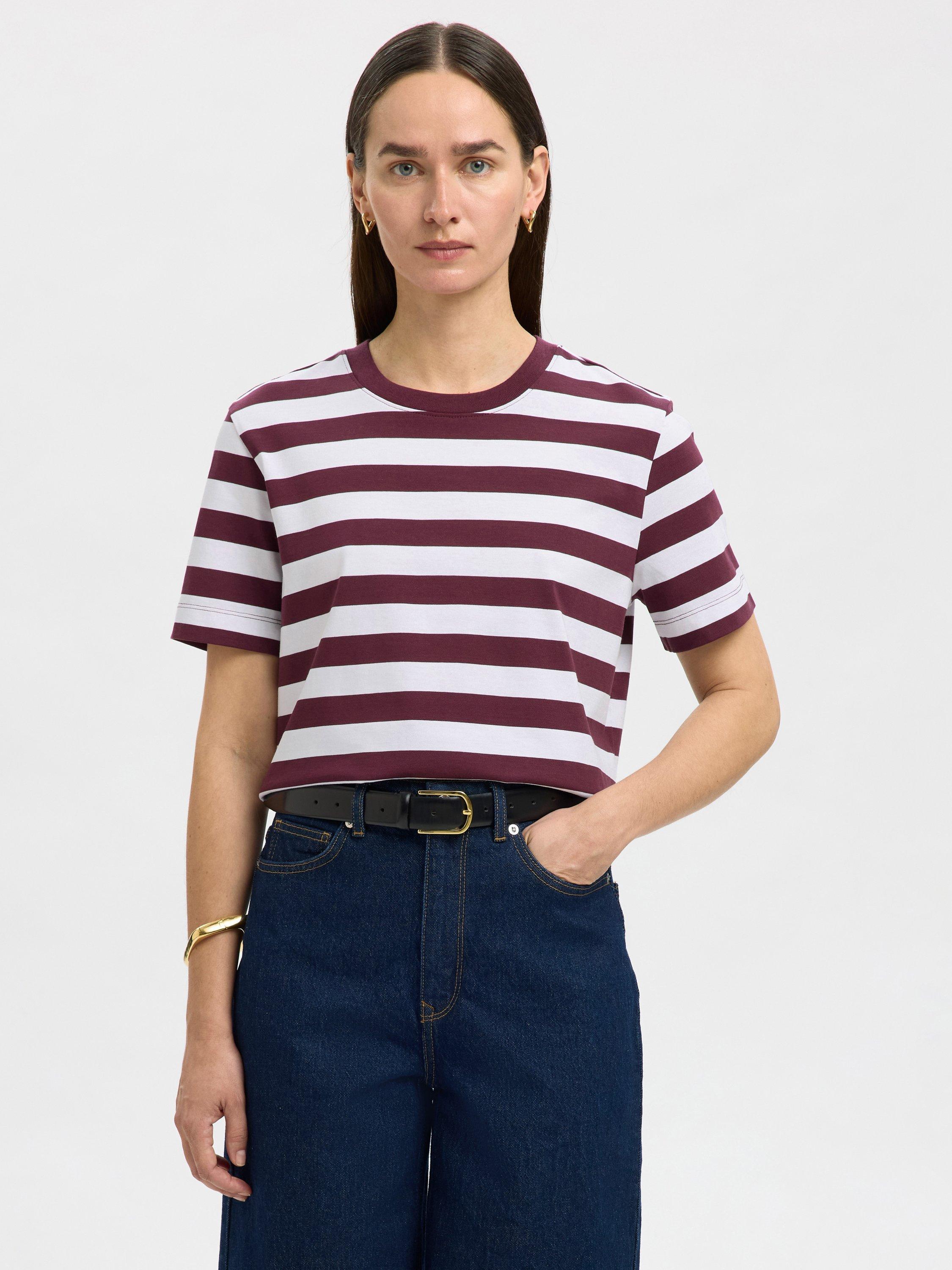 Selected Essential Stripe Boxy T-Shirt, Burgundy/White