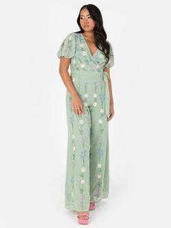Maya Deluxe Floral Embroidered Chiffon Jumpsuit, Sage Green, Sage Green