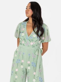Maya Deluxe Floral Embroidered Chiffon Jumpsuit, Sage Green - view 2, Sage Green