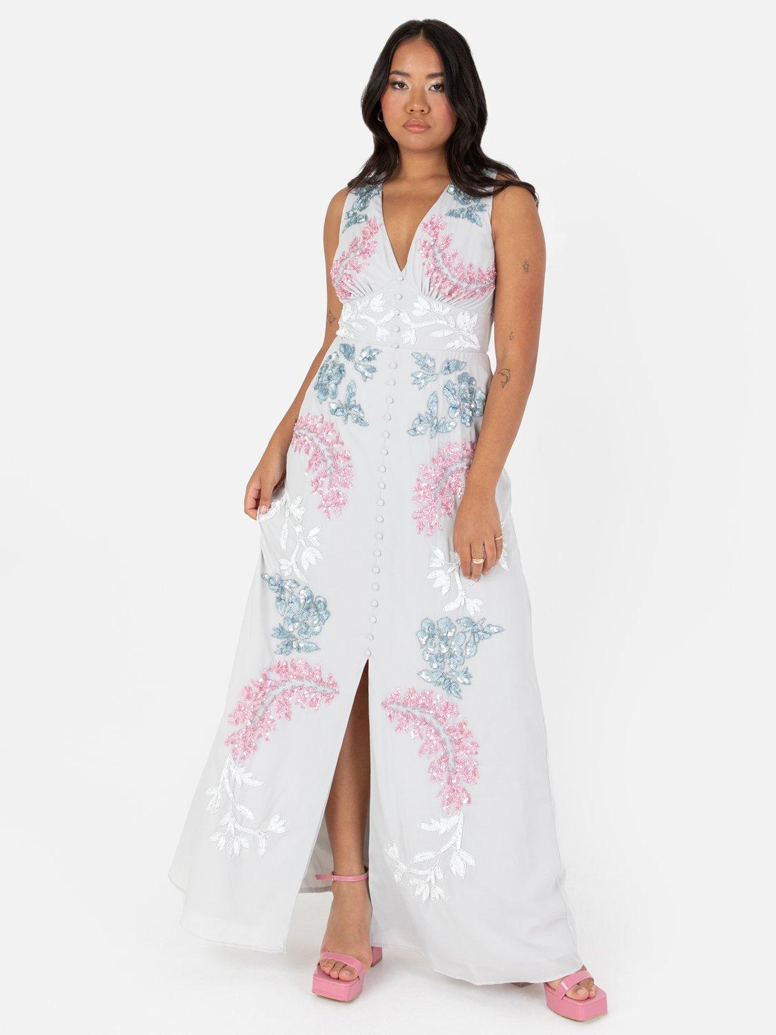 Product image 1 of 5, which shows Maya Deluxe Floral Sleeveless Maxi Dress, Glacier Grey, 6