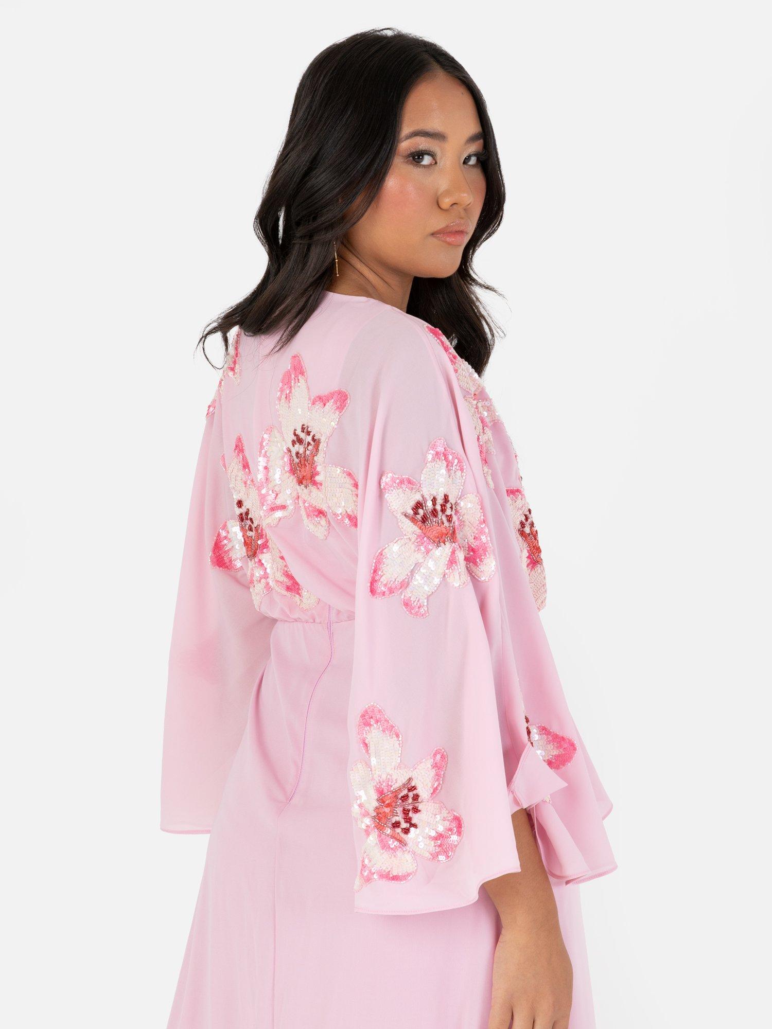 Product image 4 of 6, which shows Maya Deluxe Floral Long Sleeve Chiffon Maxi Dress, Cherry Blossom, 6