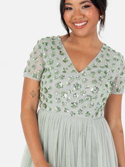 Maya Deluxe Floral Short Sleeve Maxi Dress, Green Lily - view 2, Green Lily