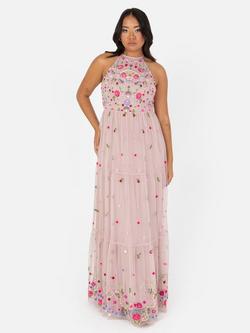 Maya Deluxe Embroidered Halterneck Maxi Dress, Frosted Pink, Frosted Pink
