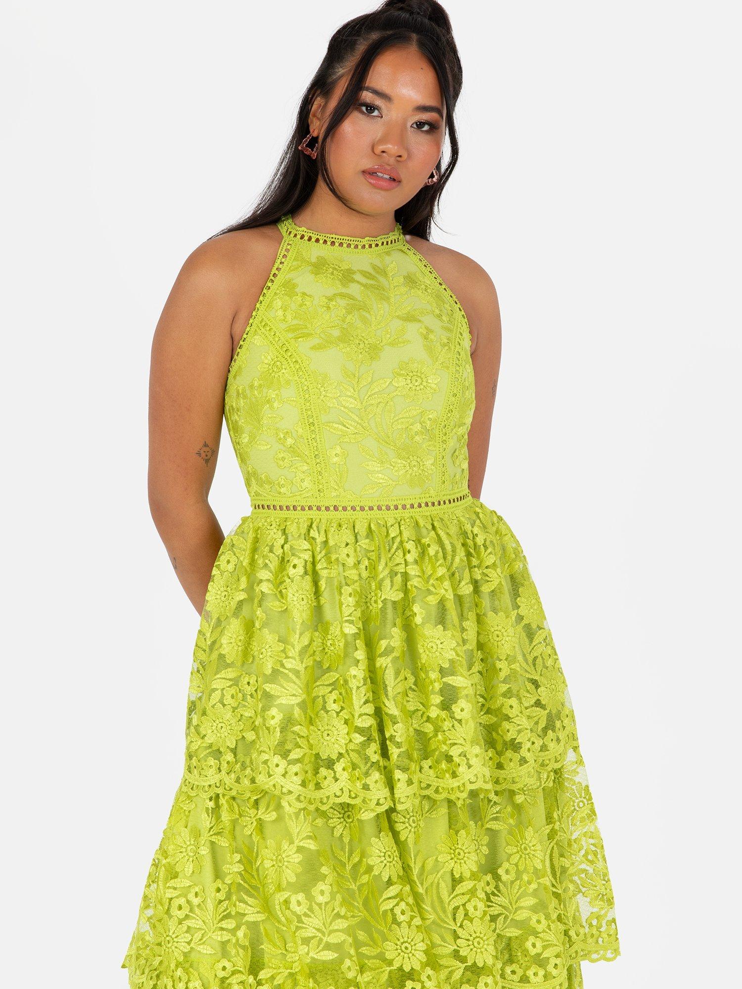 Product image 2 of 5, which shows Maya Deluxe Halterneck Lace Midi Dress, Chartreuse, 6
