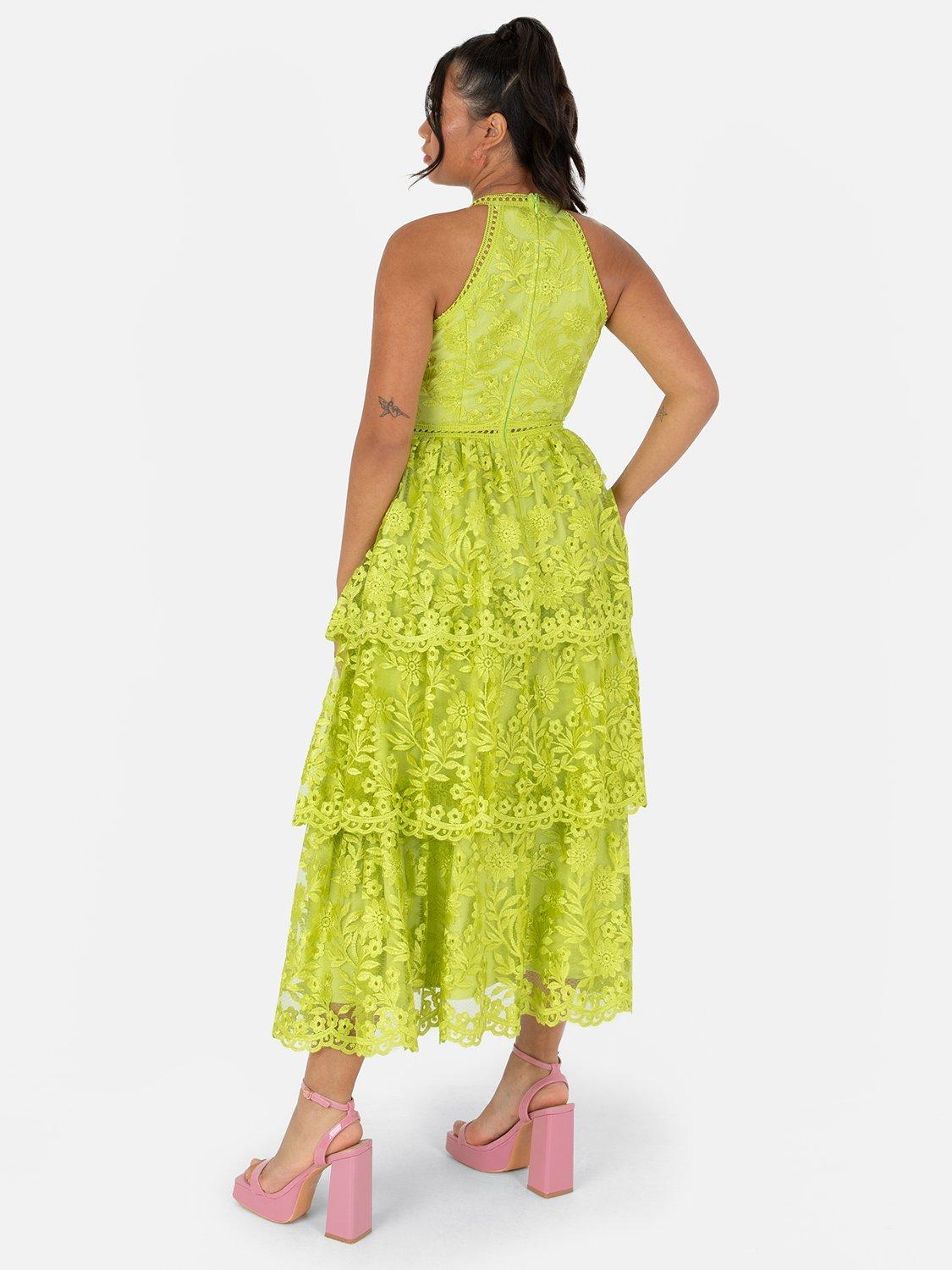 Product image 3 of 5, which shows Maya Deluxe Halterneck Lace Midi Dress, Chartreuse, 6