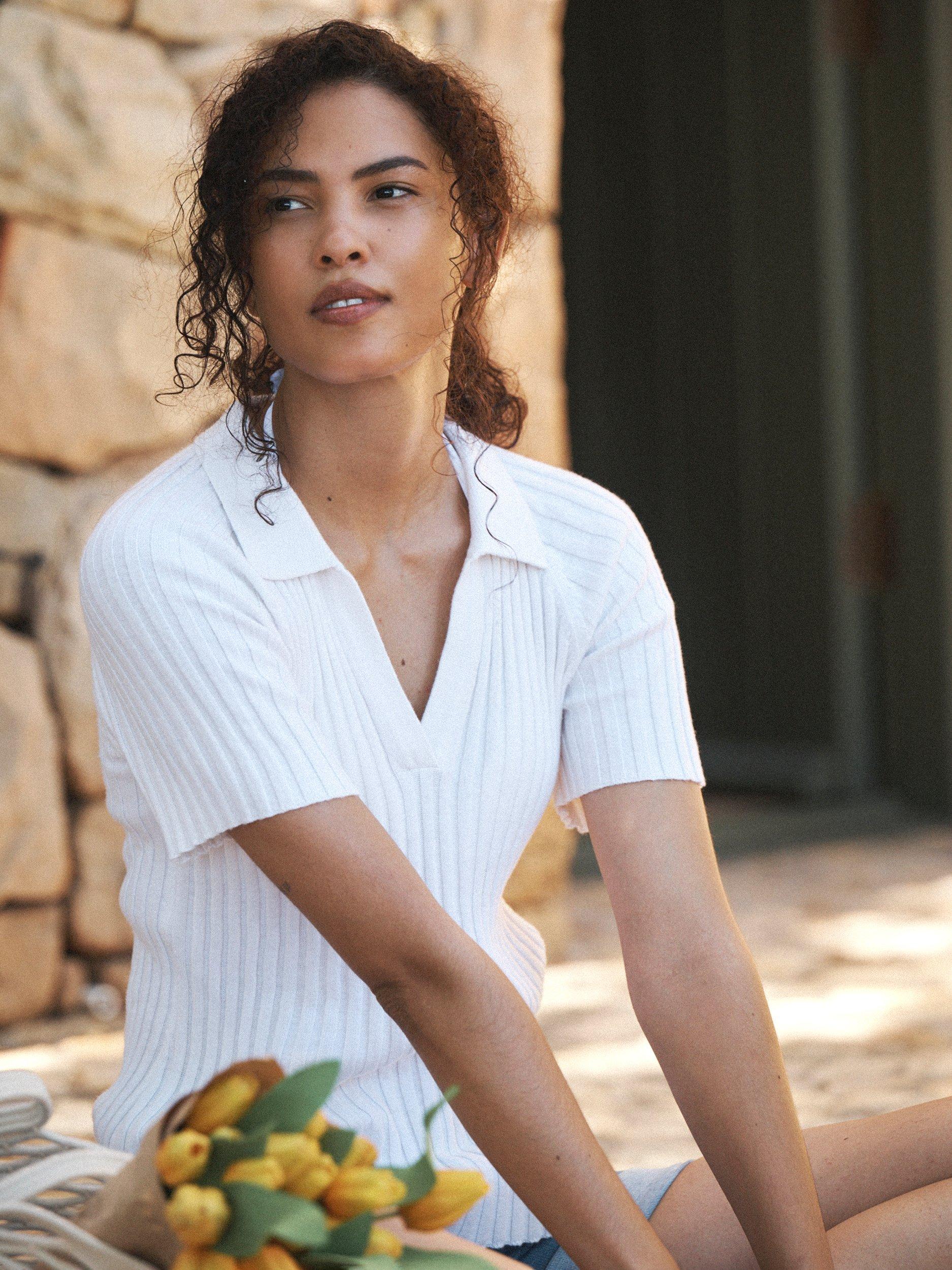 Product image 5 of 6, which shows NRBY Hannah Ribbed V Neck Mixed Blend Tee, Laser White, S