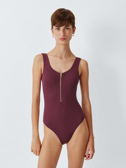 John Lewis Monaco Zip-Up Textured Swimsuit, Berry, Berry
