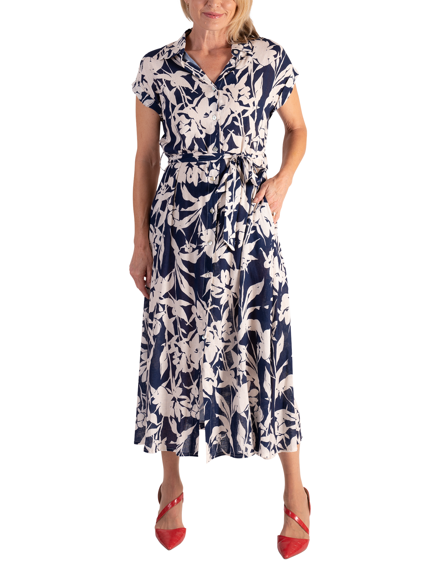 chesca Floral Linen Blend Shirt Dress, Navy/White
