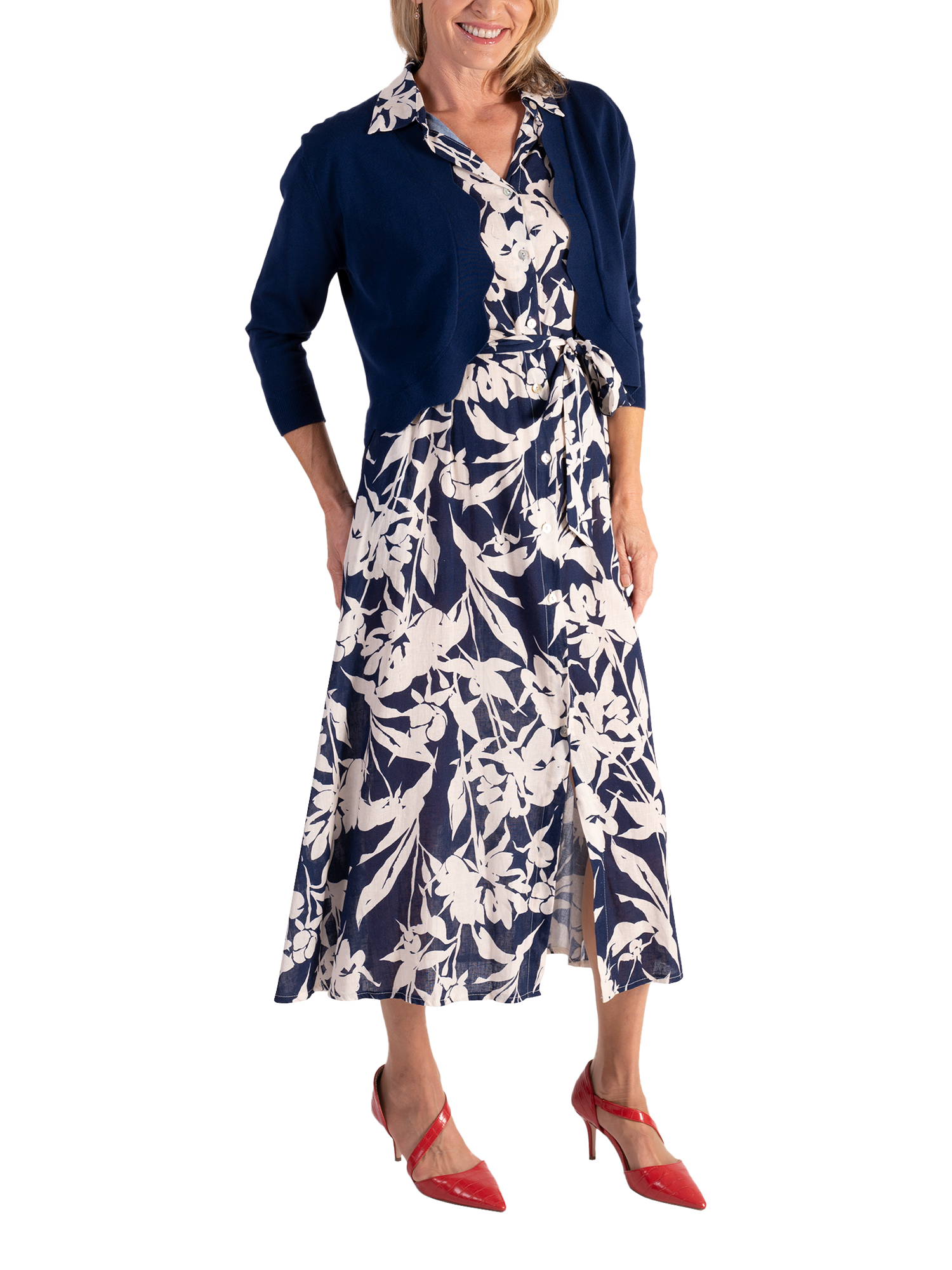 chesca Floral Linen Blend Shirt Dress, Navy/White