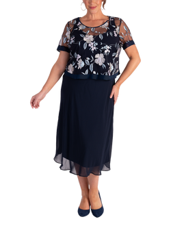 chesca Floral Embroidered Mesh Dress, Navy/Multi, Navy/Multi