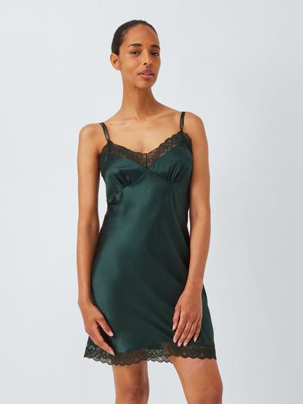 John Lewis Lace Trim Pure Silk Mini Chemise, Scarab, Scarab