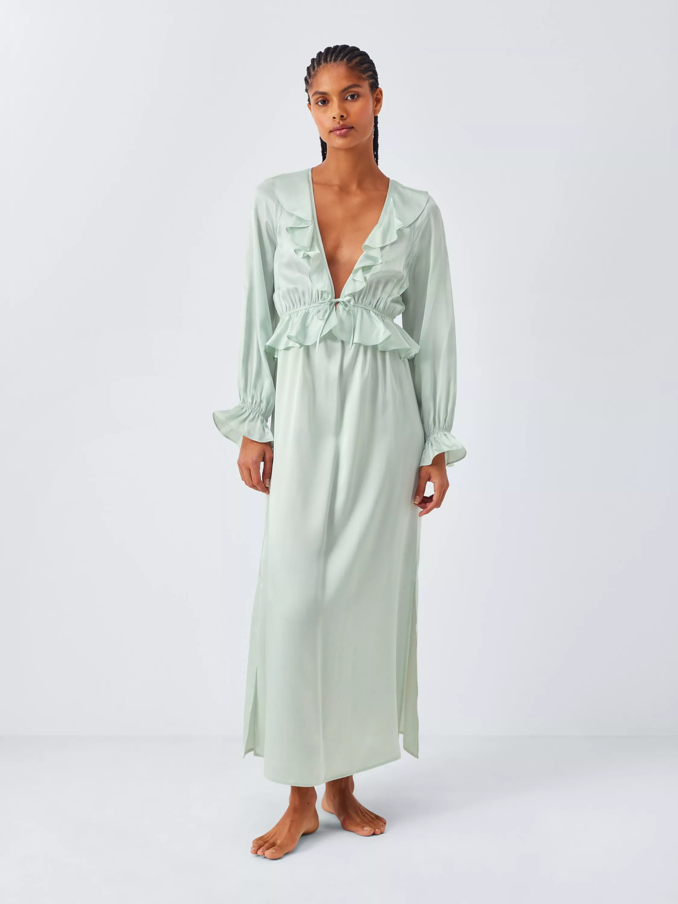 John Lewis Ruffle Pure Silk Nightdress, Aqua Foam