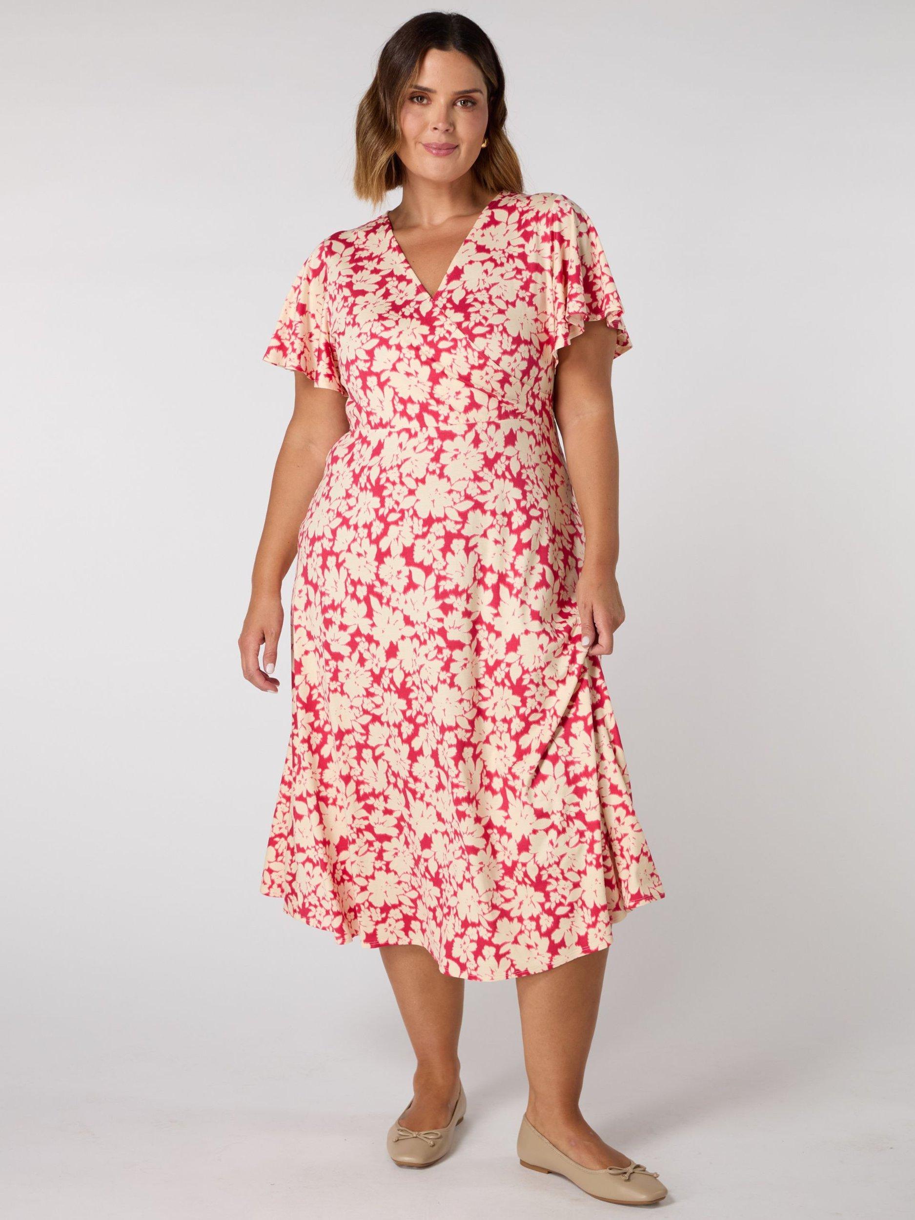 Product image 1 of 3, which shows Live Unlimited Curve Floral Wrap Midi Dress, Pink/Multi, 12R