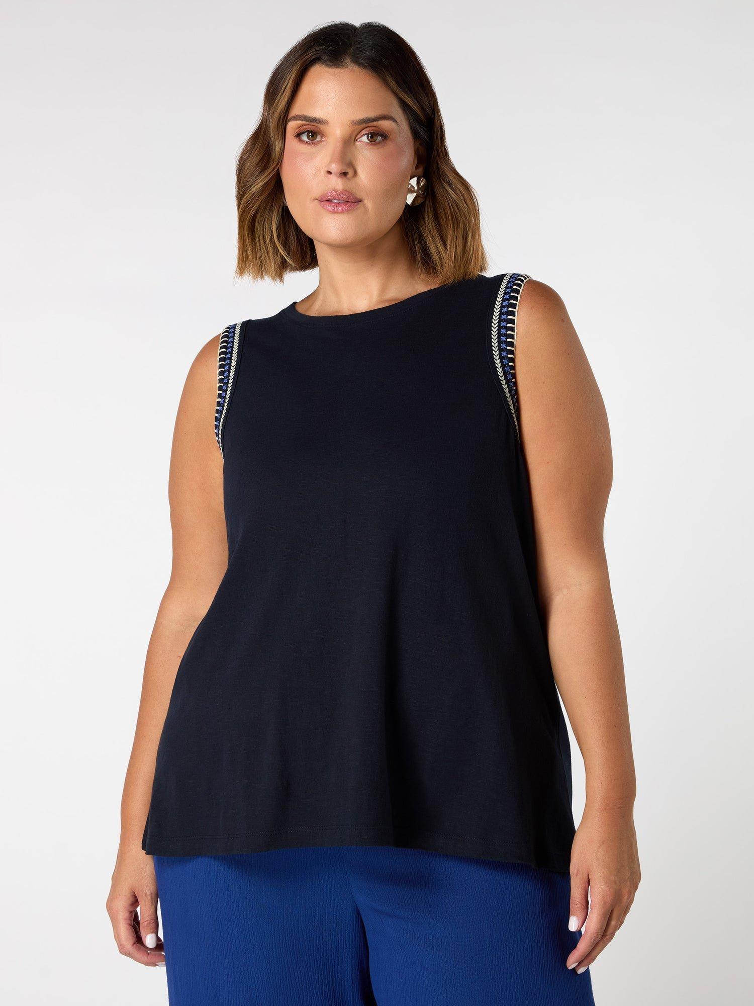 Product image 1 of 3, which shows Live Unlimited Curve Jersey Embroidered Vest Top, Navy/Multi, 12