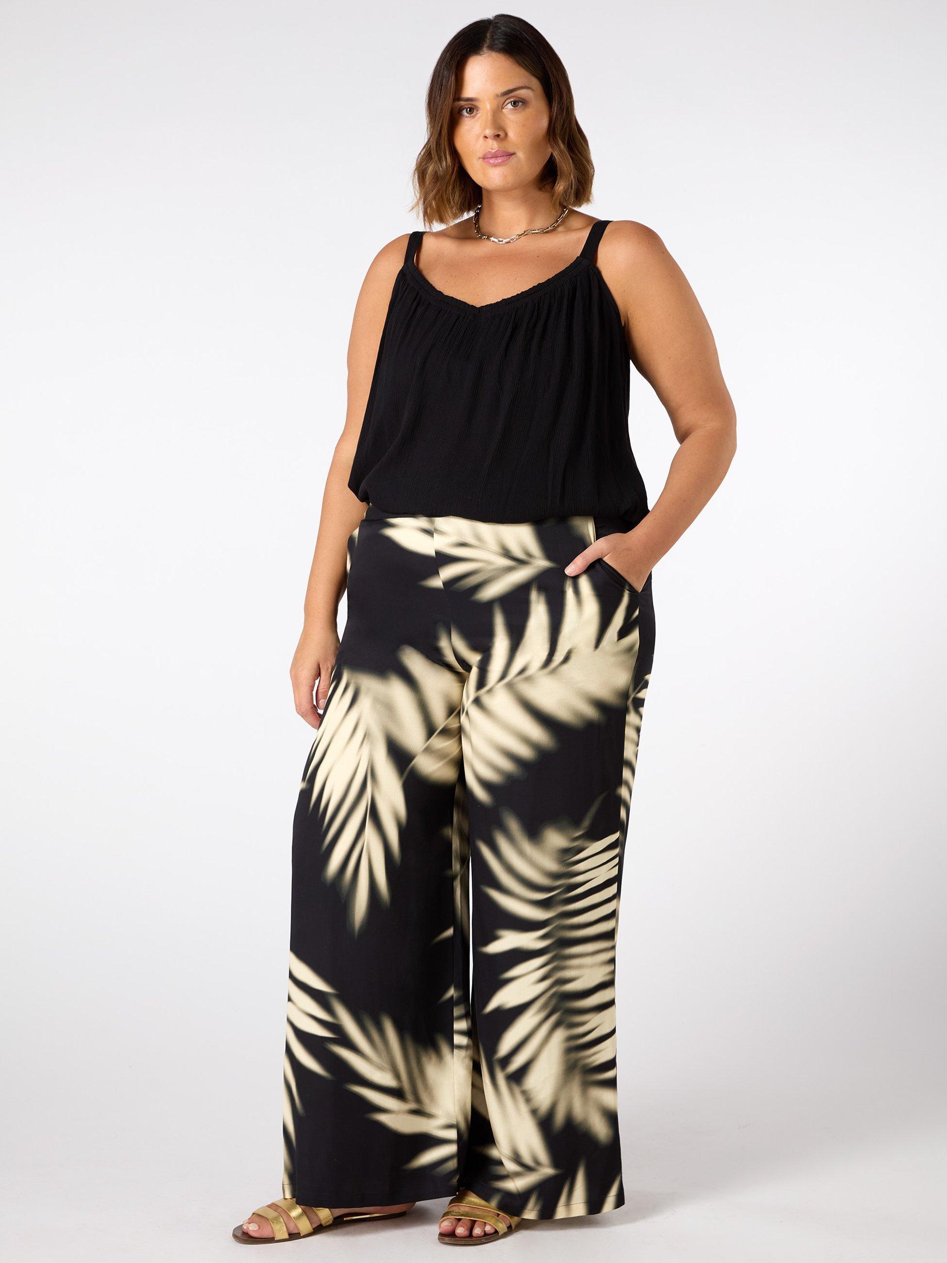 Product image 3 of 6, which shows Live Unlimited Curve Leaf Print Wide Leg Trousers, Black/Multi, 12