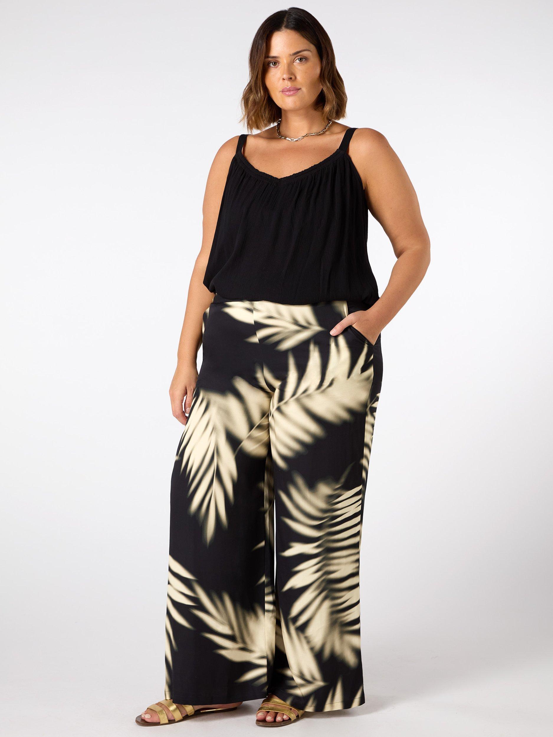 Product image 4 of 6, which shows Live Unlimited Curve Leaf Print Wide Leg Trousers, Black/Multi, 12