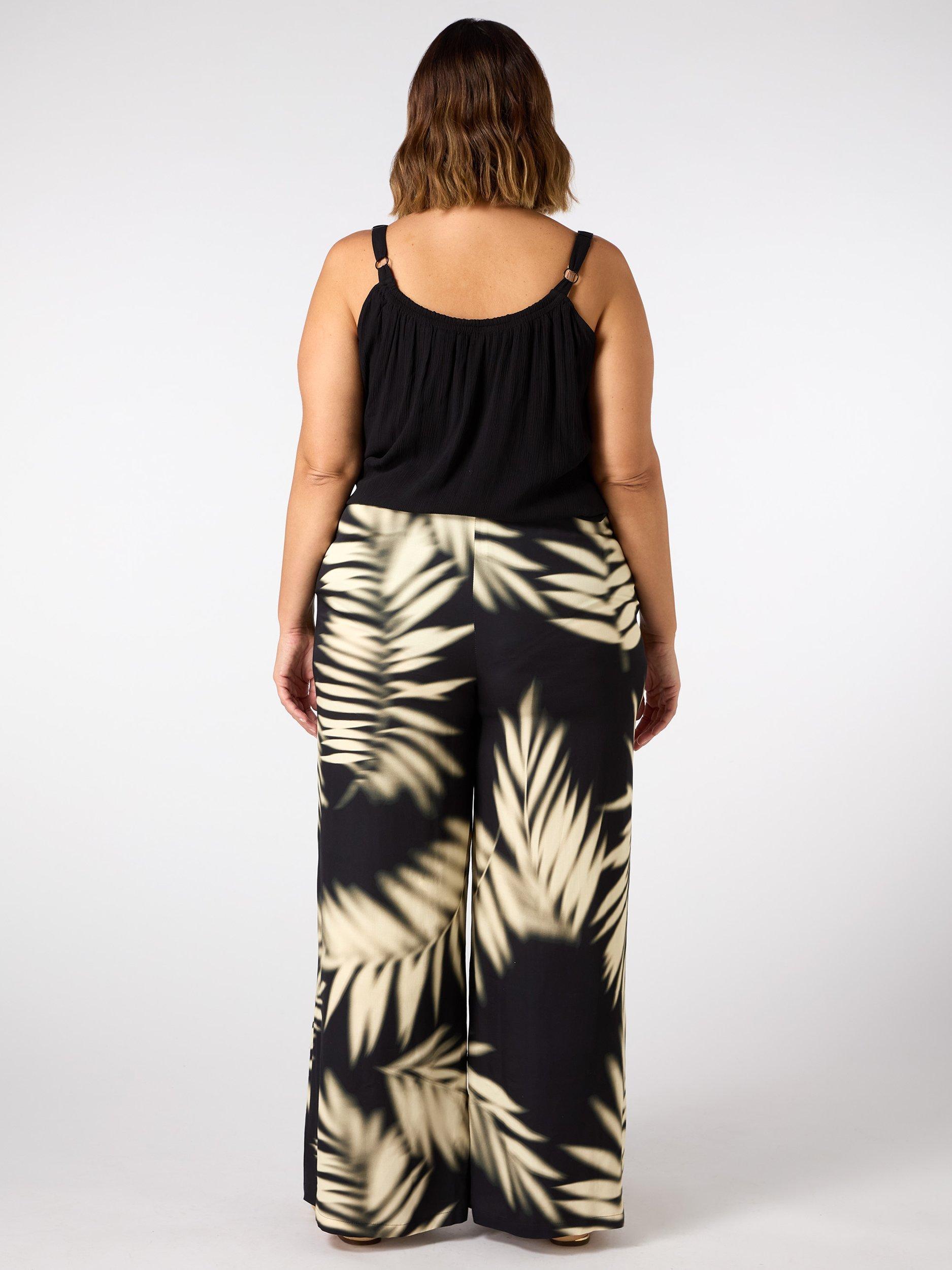 Product image 6 of 6, which shows Live Unlimited Curve Leaf Print Wide Leg Trousers, Black/Multi, 12