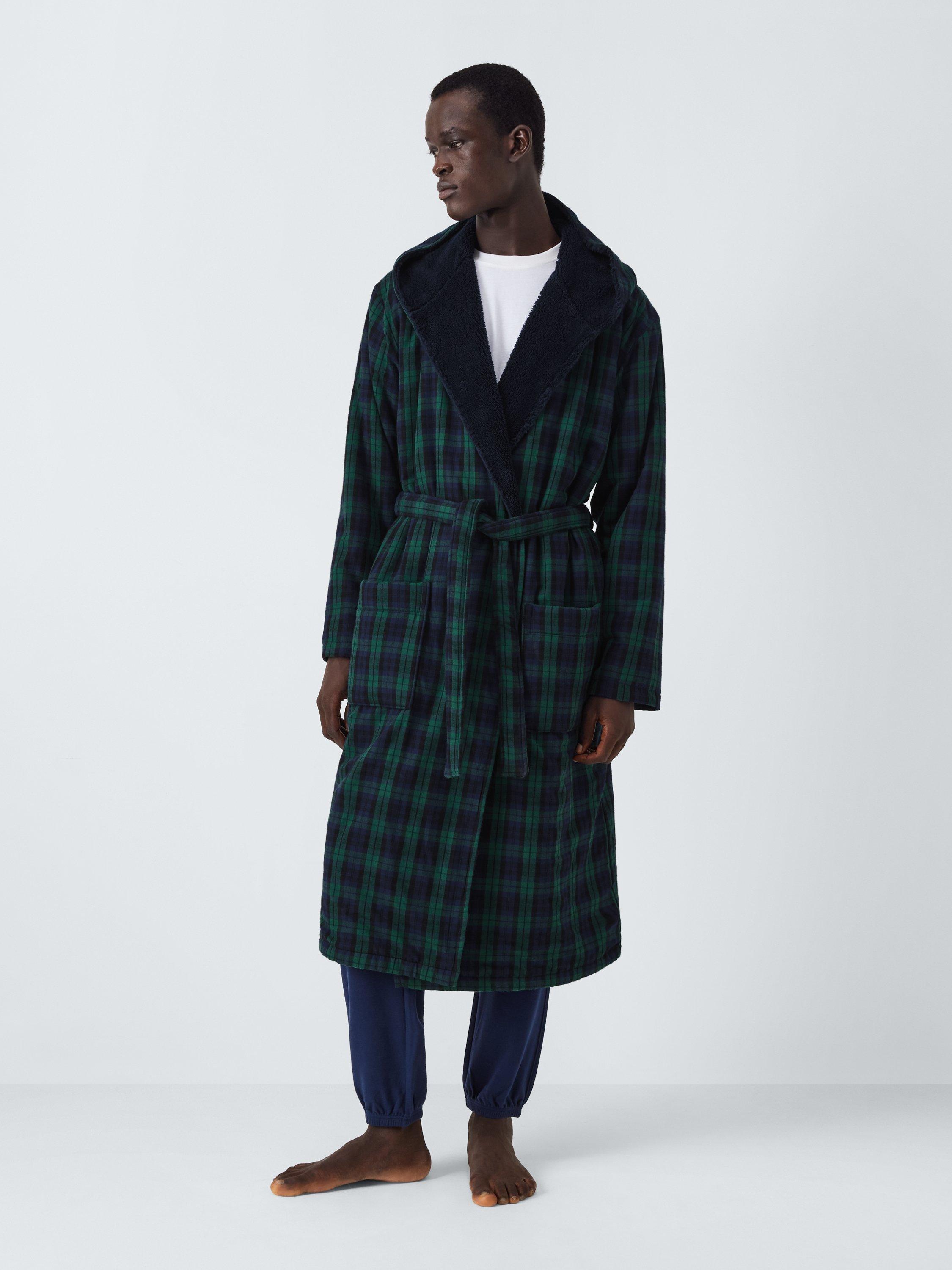 Product image 1 of 5, which shows John Lewis Bonded Fleece Check Robe, Green/Navy, S