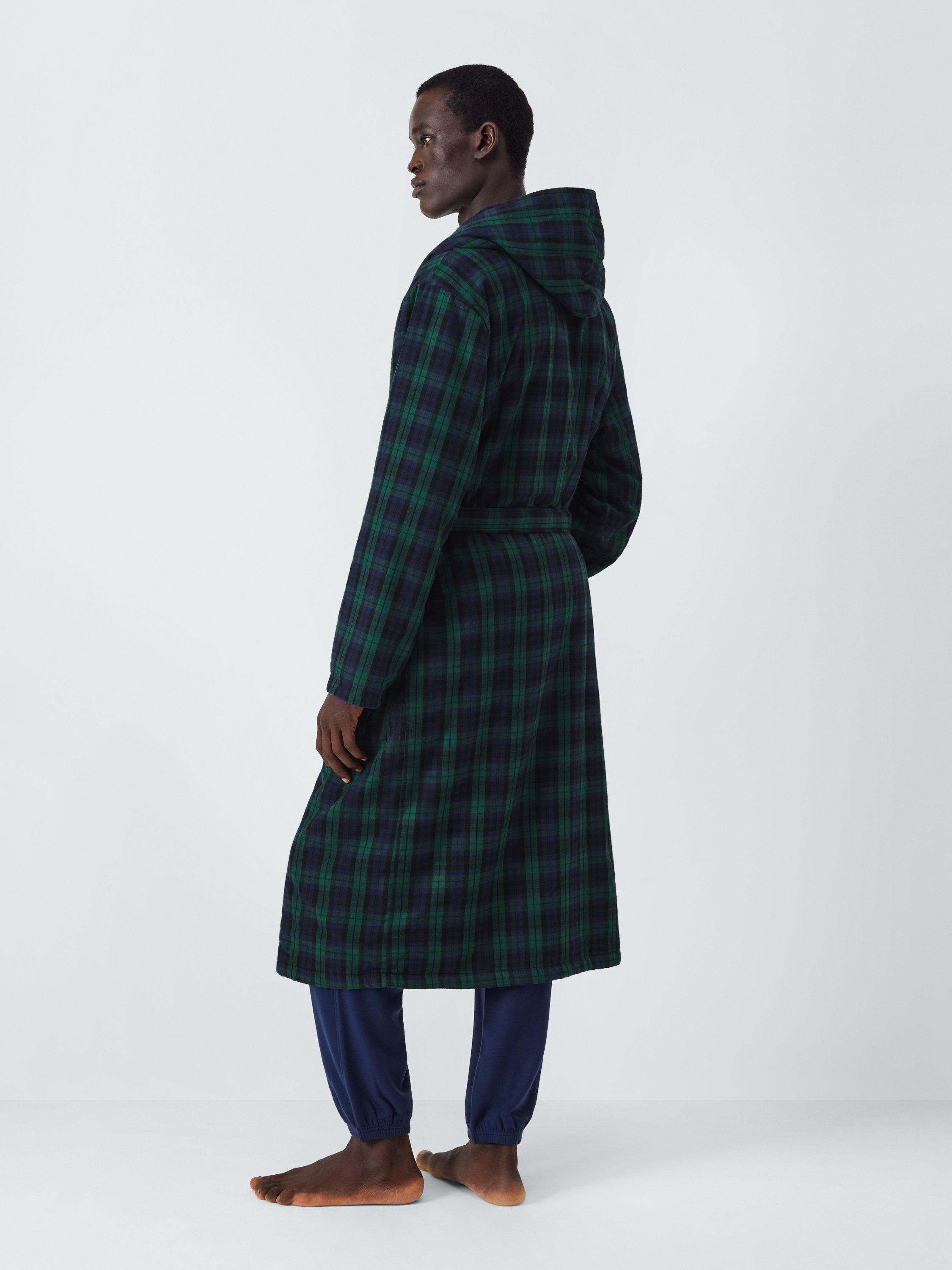 Product image 2 of 5, which shows John Lewis Bonded Fleece Check Robe, Green/Navy, S