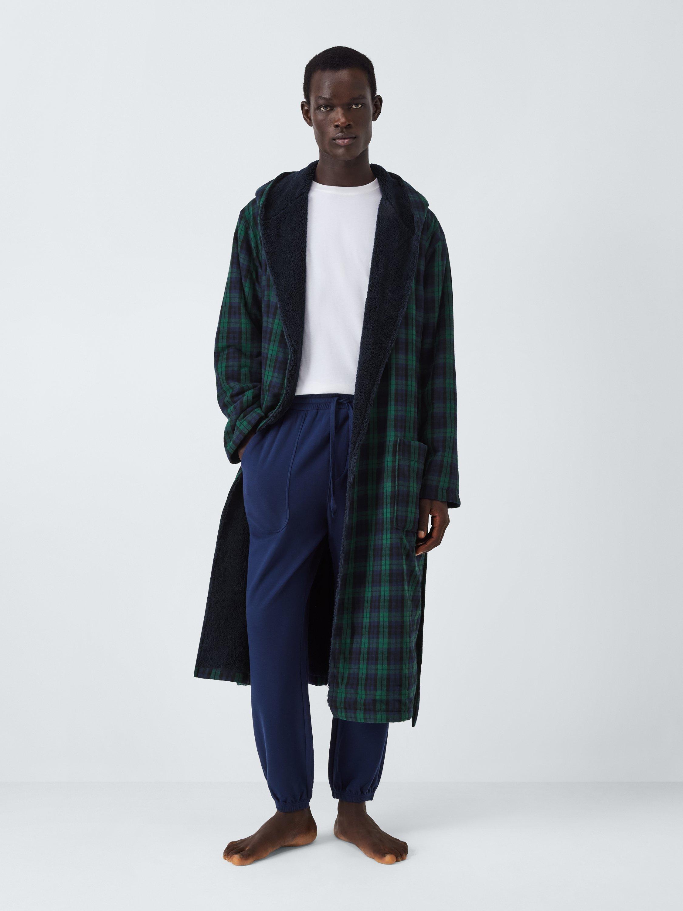 Product image 3 of 5, which shows John Lewis Bonded Fleece Check Robe, Green/Navy, S